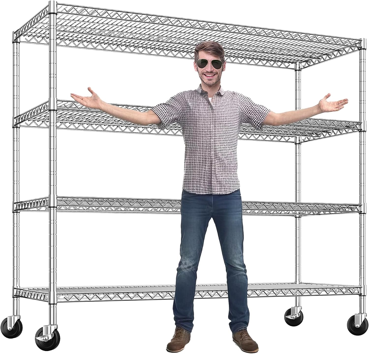 REIBII 2480LBS Capacity Heavy Duty Storage Shelves with Wheels, 1-Inch (25.4mm) Steel Tube, Adjustable Wire Shelving for Garage, Warehouse