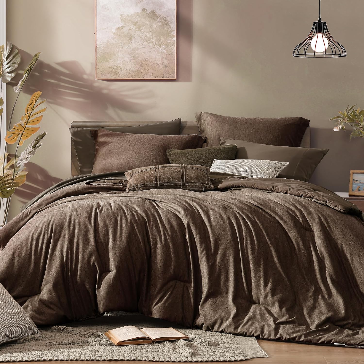 Monbix King Size Comforter Set, Olive Green King Bed Set Reversible, King Size Comforter Set 7 Pieces, Cationic Dyeing Bed in a Bag with Comforter