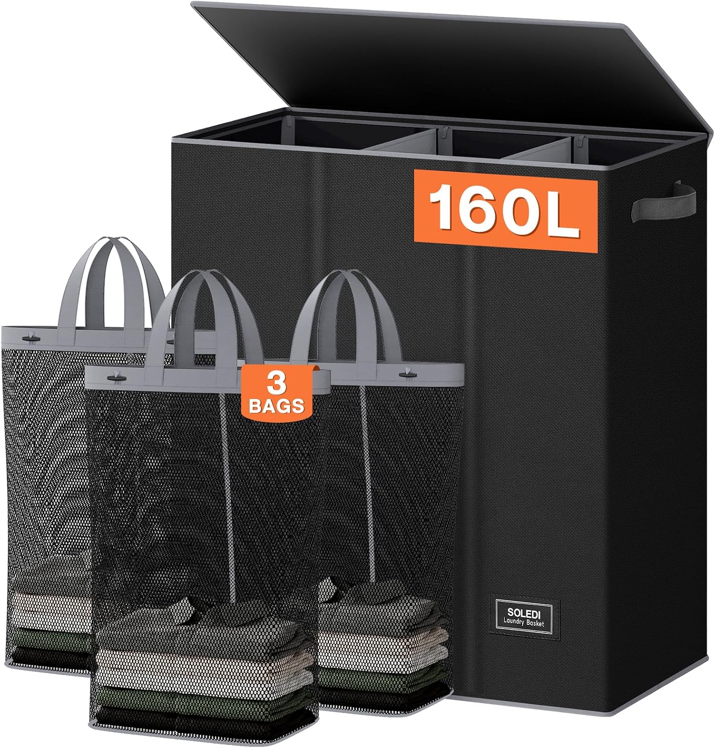 SOLEDI 180L Laundry Hamper 3 Section, Extra Large Laundry Hamper with Lid, Dirty Clothes Hamper with Sturdy Handle
