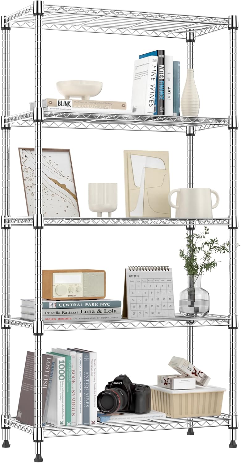 M MZG 5-Shelf Storage Shelves, Wire Shelving Heavy Duty Metal Storage Shelving Unit Adjustable Garage Shelving Rack Pantry Kitchen (Chrome, 5 Tier