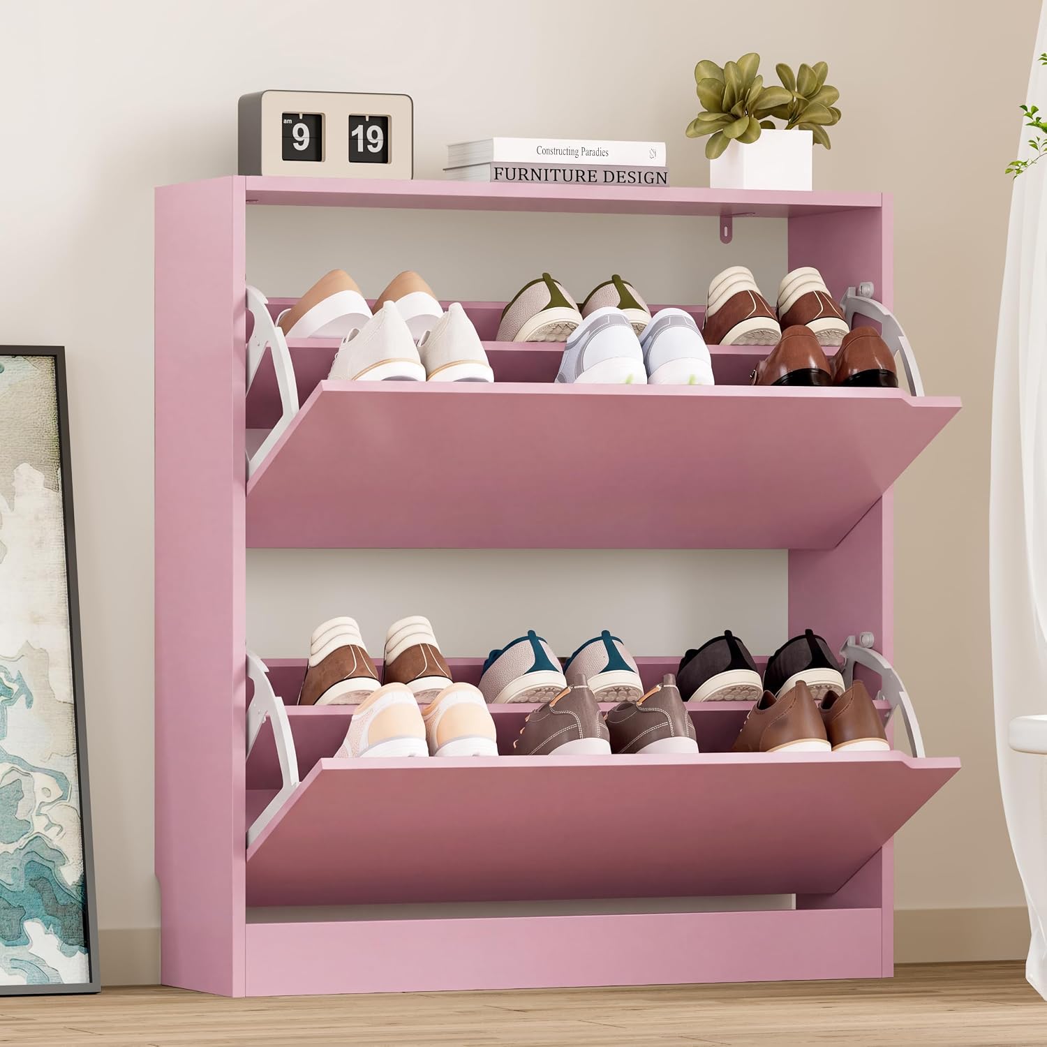 BORNOON Shoe Cabinet with Odor Control and Back Panels, Deodorizing Slim 3-Flip Shoe Storage Cabinet for Entryway