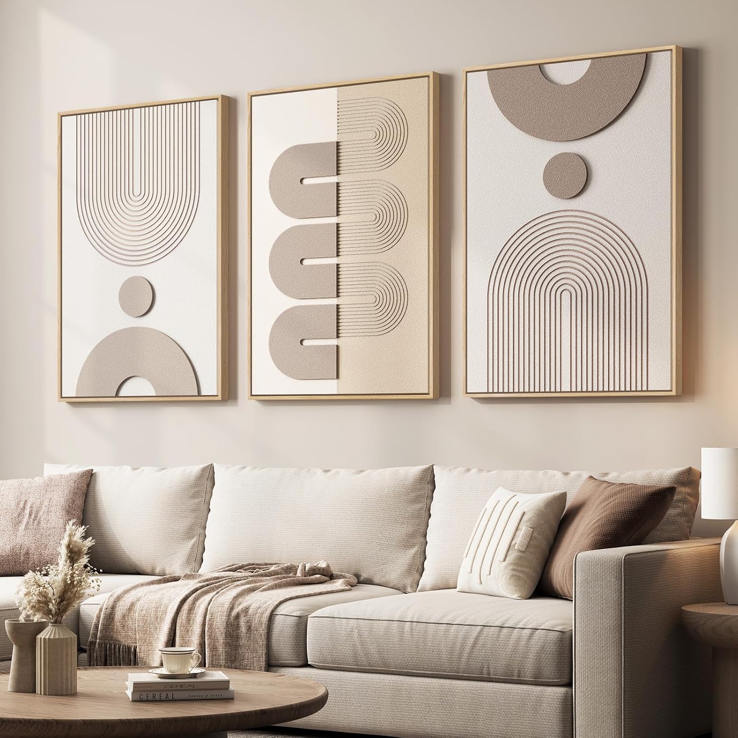 3D Wood Textured Large Neutral Abstract Wall Art, Modern Beige Brown Geometric Paintings Artwork for Walls-Minimalist Wooden Wall Art Decor for Living