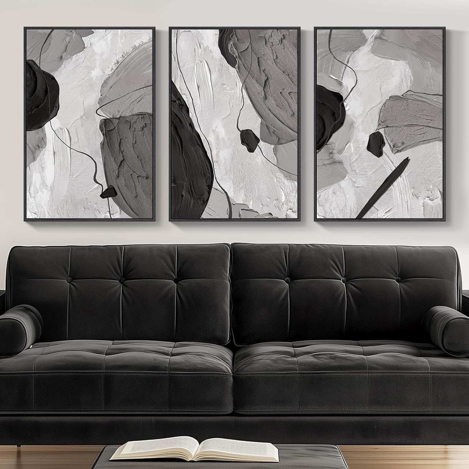 Large Framed Boho Modern Neutral Abstract Wall Art for Living Room, 3 Piece Black and White Canvas Prints Paintings Artwork for Walls