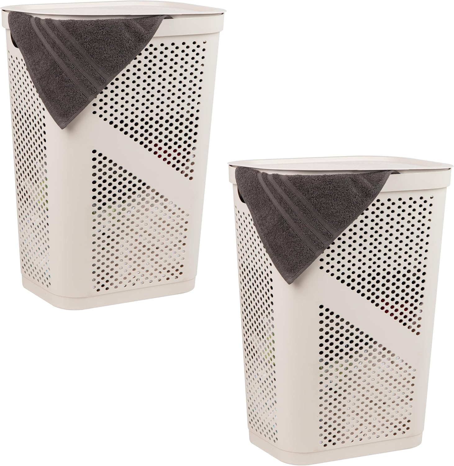 Mind Reader 60L Slim Laundry Hamper, Clothes Basket, Lid, Ventilated, Plastic, Set of 2, Tan