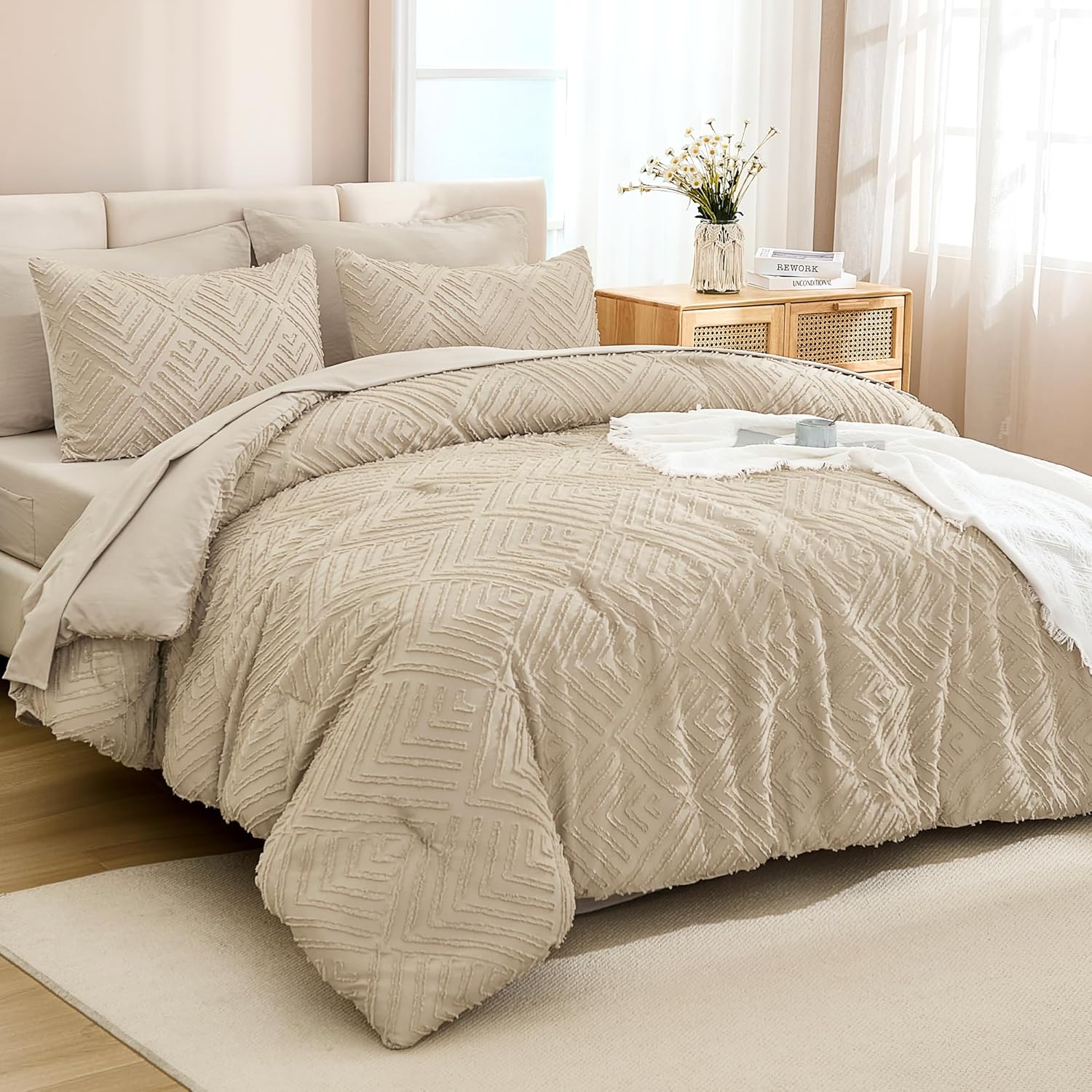Andency King Size Comforter Set Burnt Orange - 7 Pieces Bed in a Bag King Boho Terracotta Bedding Comforter Sets, Rust Tufted Bed Set with Comforter