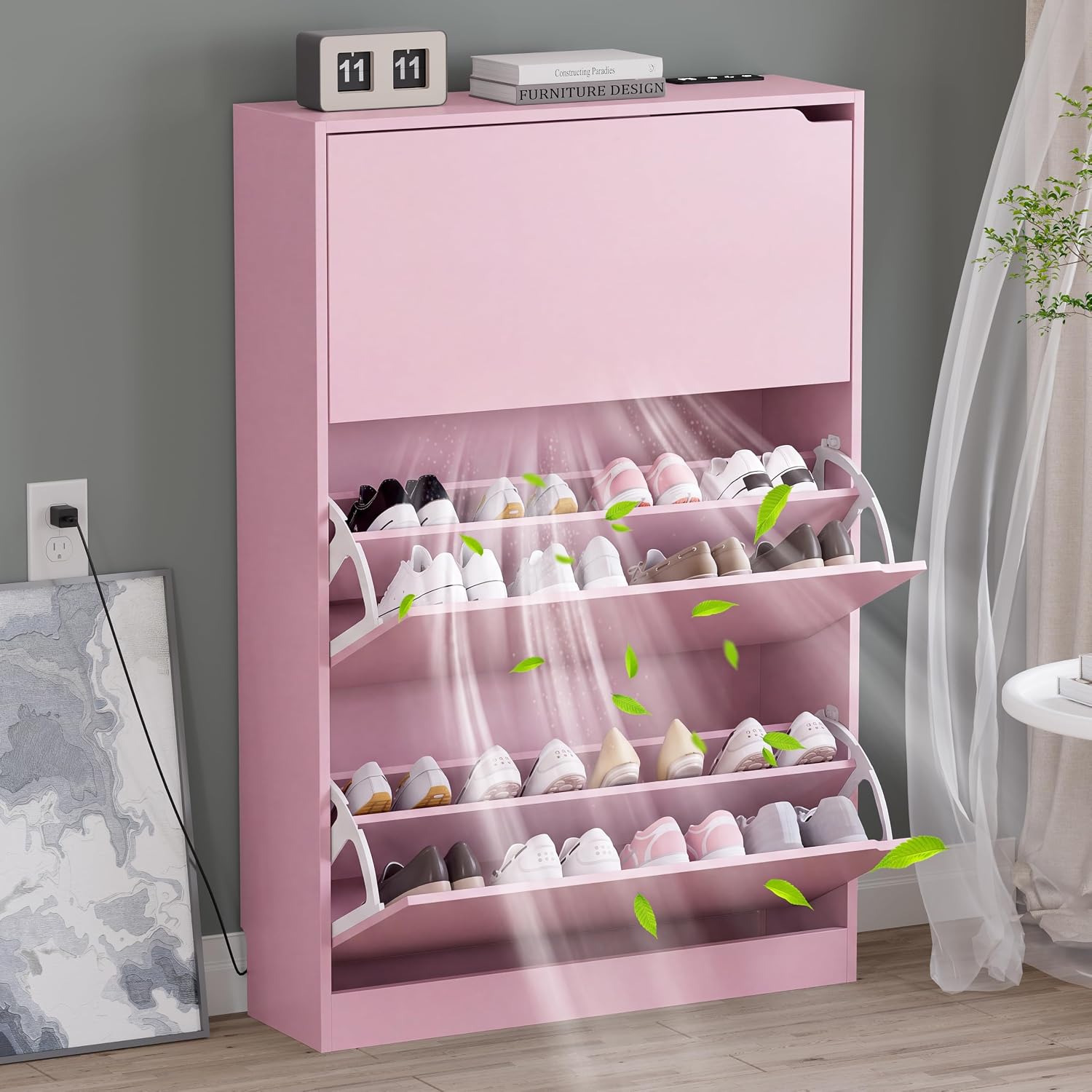 BORNOON Shoe Cabinet with Odor Control and Back Panels, Deodorizing Slim 3-Flip Shoe Storage Cabinet for Entryway