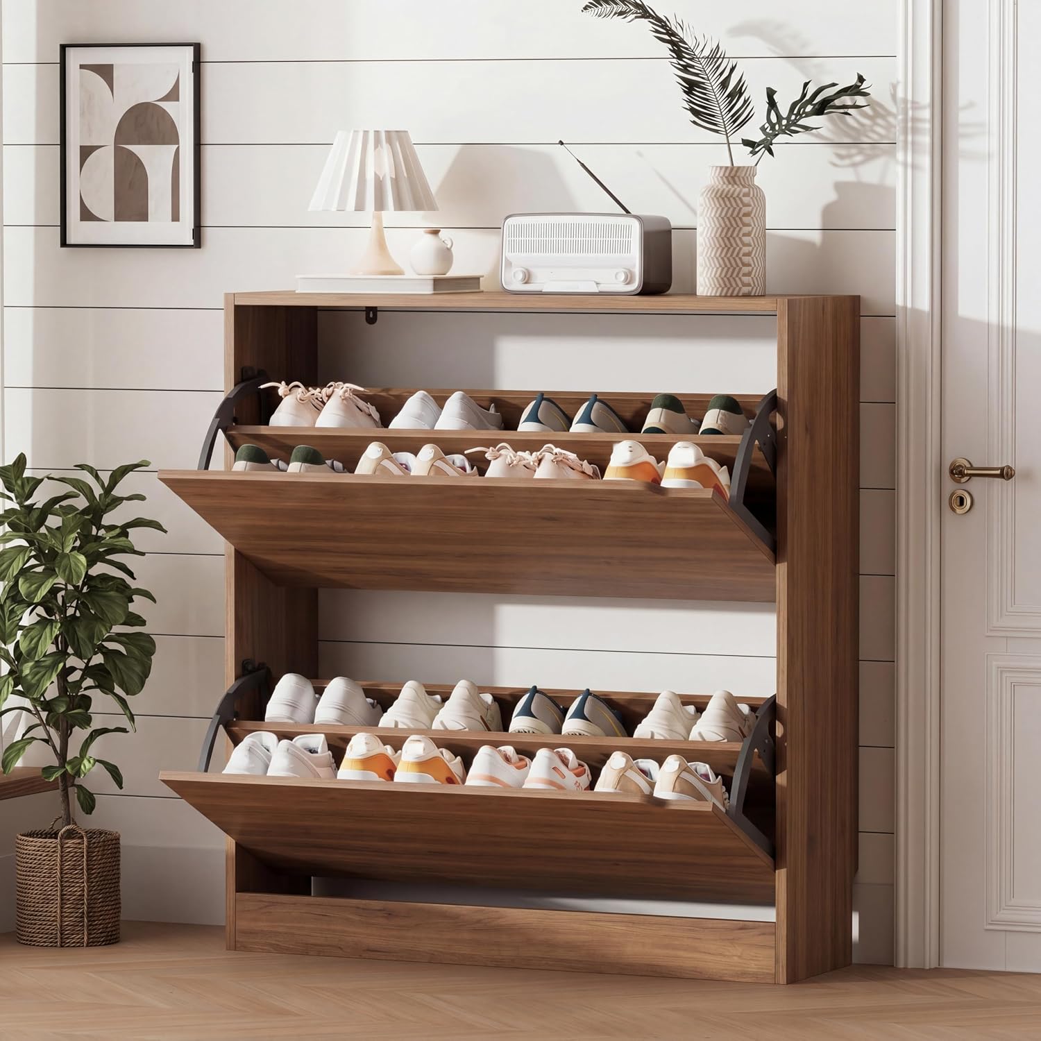 Shoe Storage Cabinet for Entryway with 3 Flip Drawers, Sturdy Wood Hidden Shoe Storage