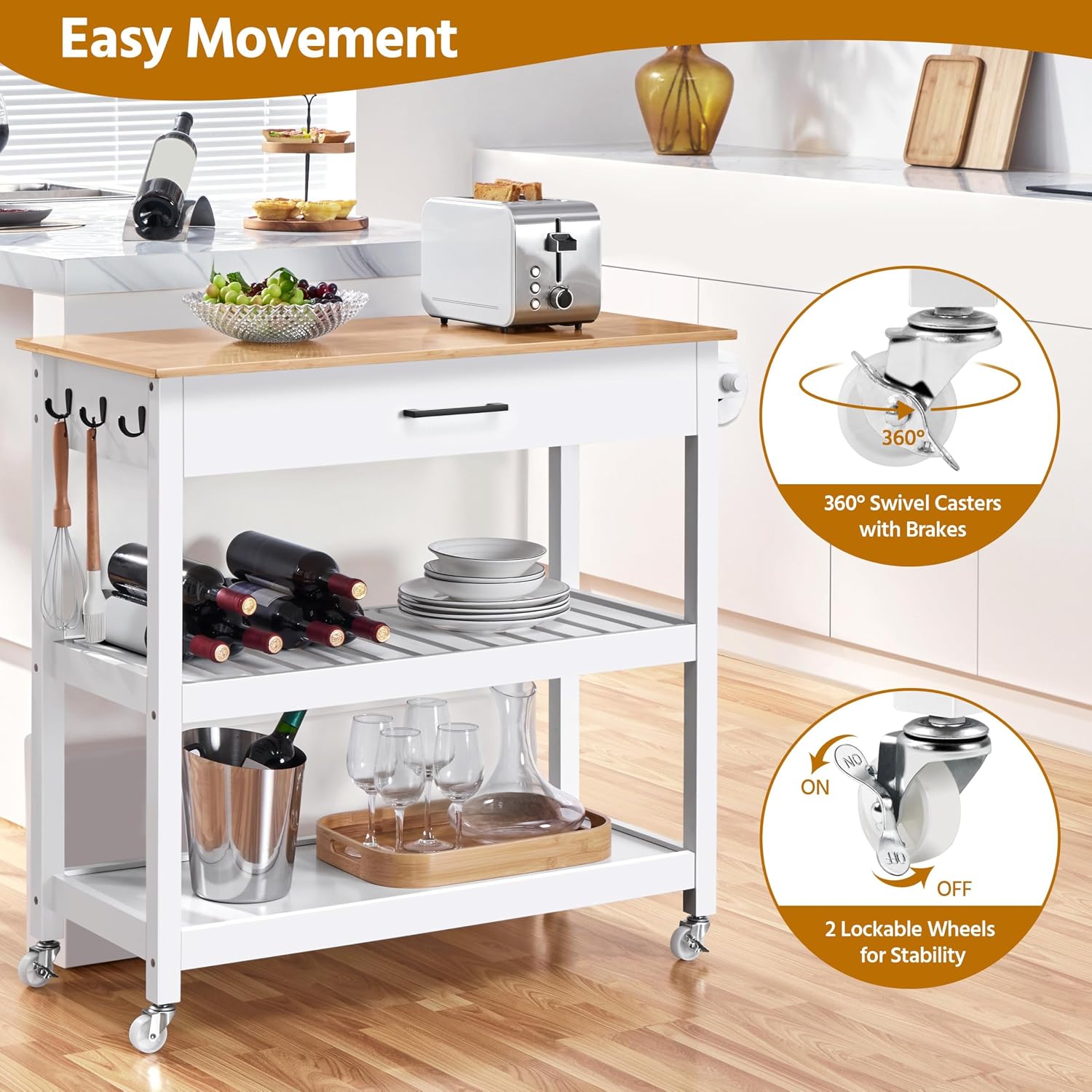 Yaheetech Rolling Kitchen Island Cart with 3 Shelves Lockable Wheels, White, Solid Wood Small Kitchen Island with Storage