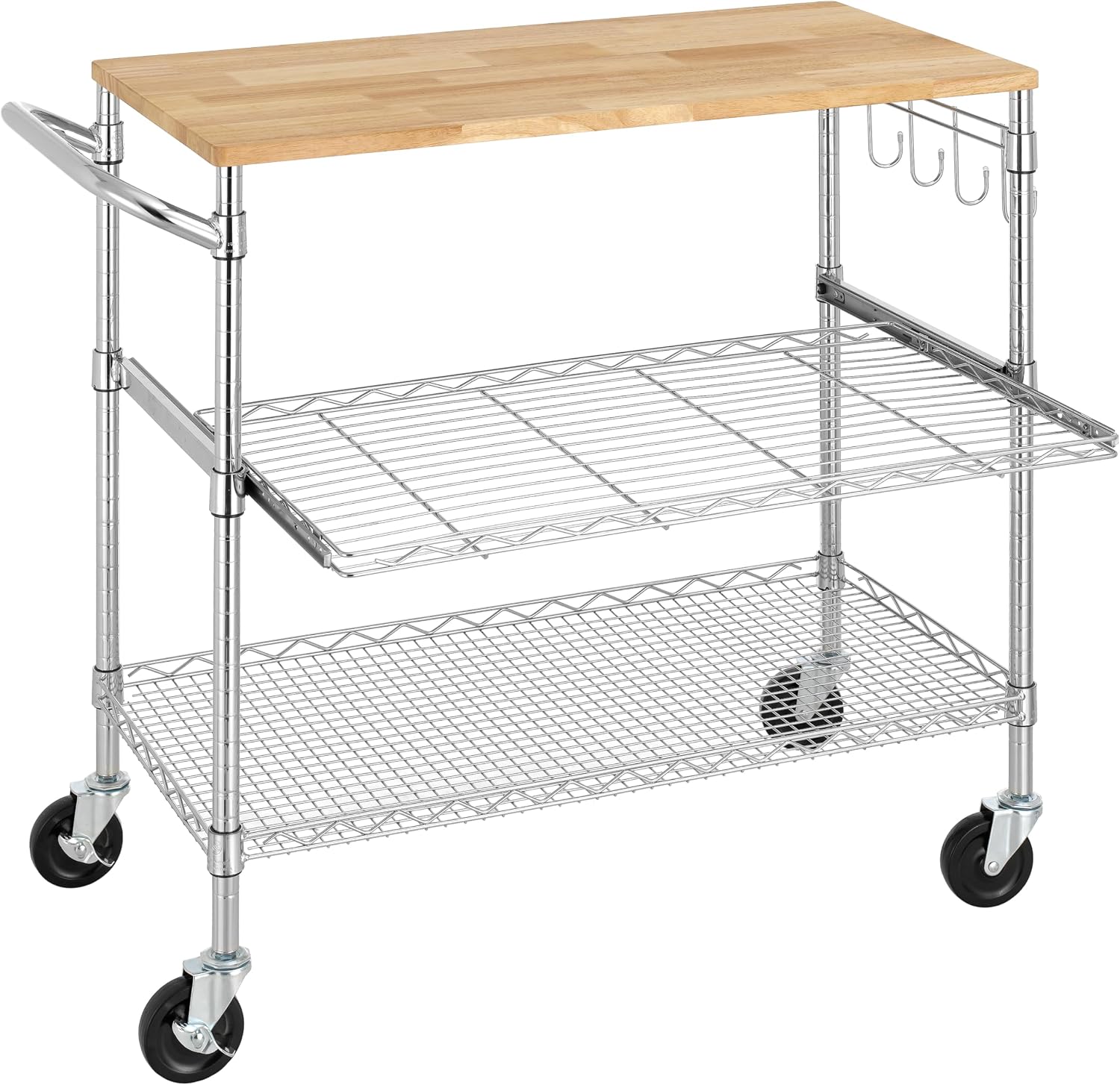 Finnhomy 3-Tier Rolling Kitchen Cart With 18" D x 30" W Oak Wood Tabletop, Kitchen Island With 4" Wheels and Slider Shelf