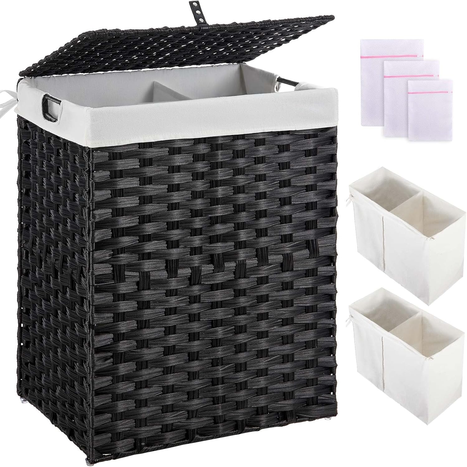 Greenstell Laundry Hamper with lid, No Install Needed, 110L Wicker Laundry Baskets Foldable 2 Removable Liner Bags