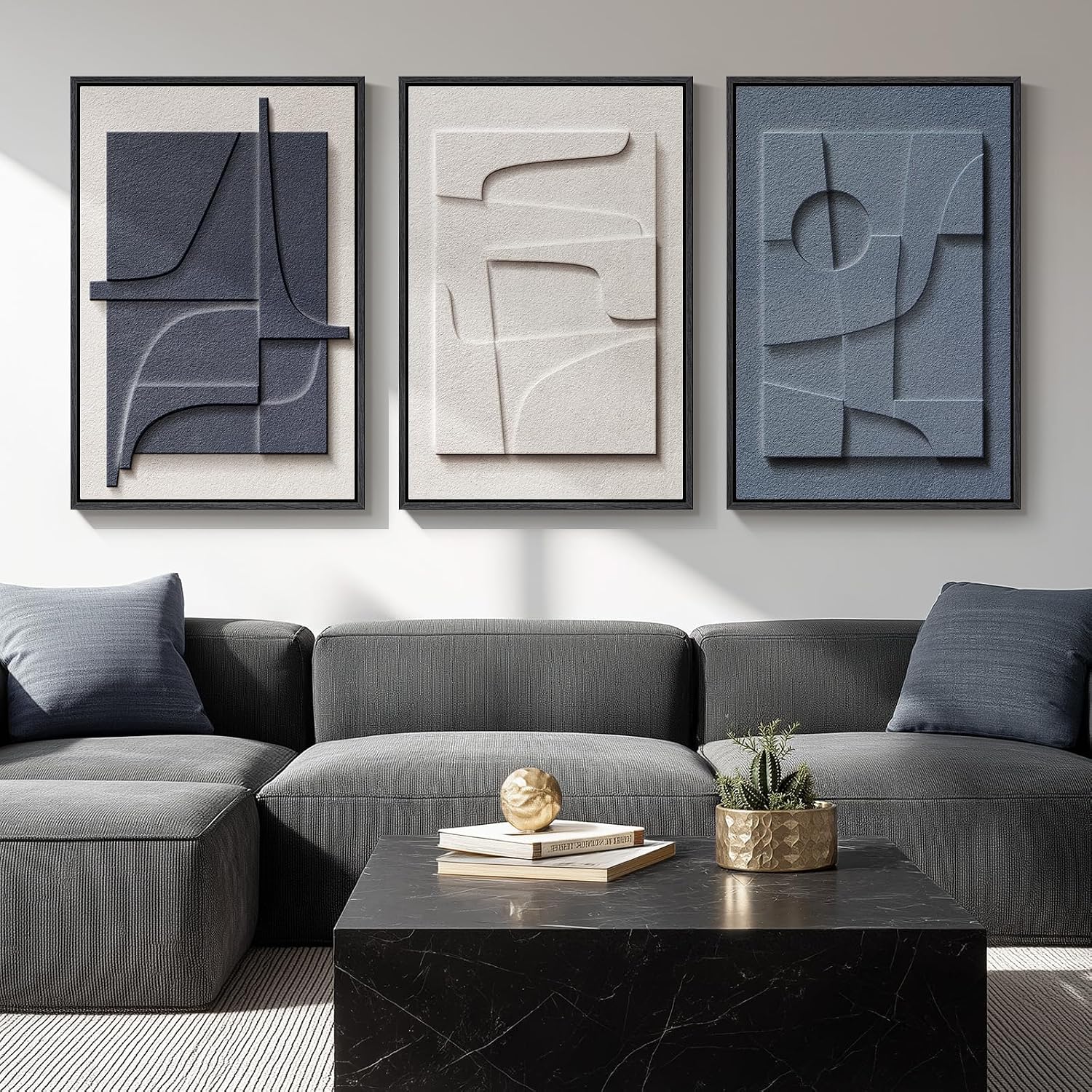 Large 3D Textured Framed Boho Modern Neutral Abstract Wall Art for Living Room, 3 Piece Black White Brown Paintings Artwork for Walls