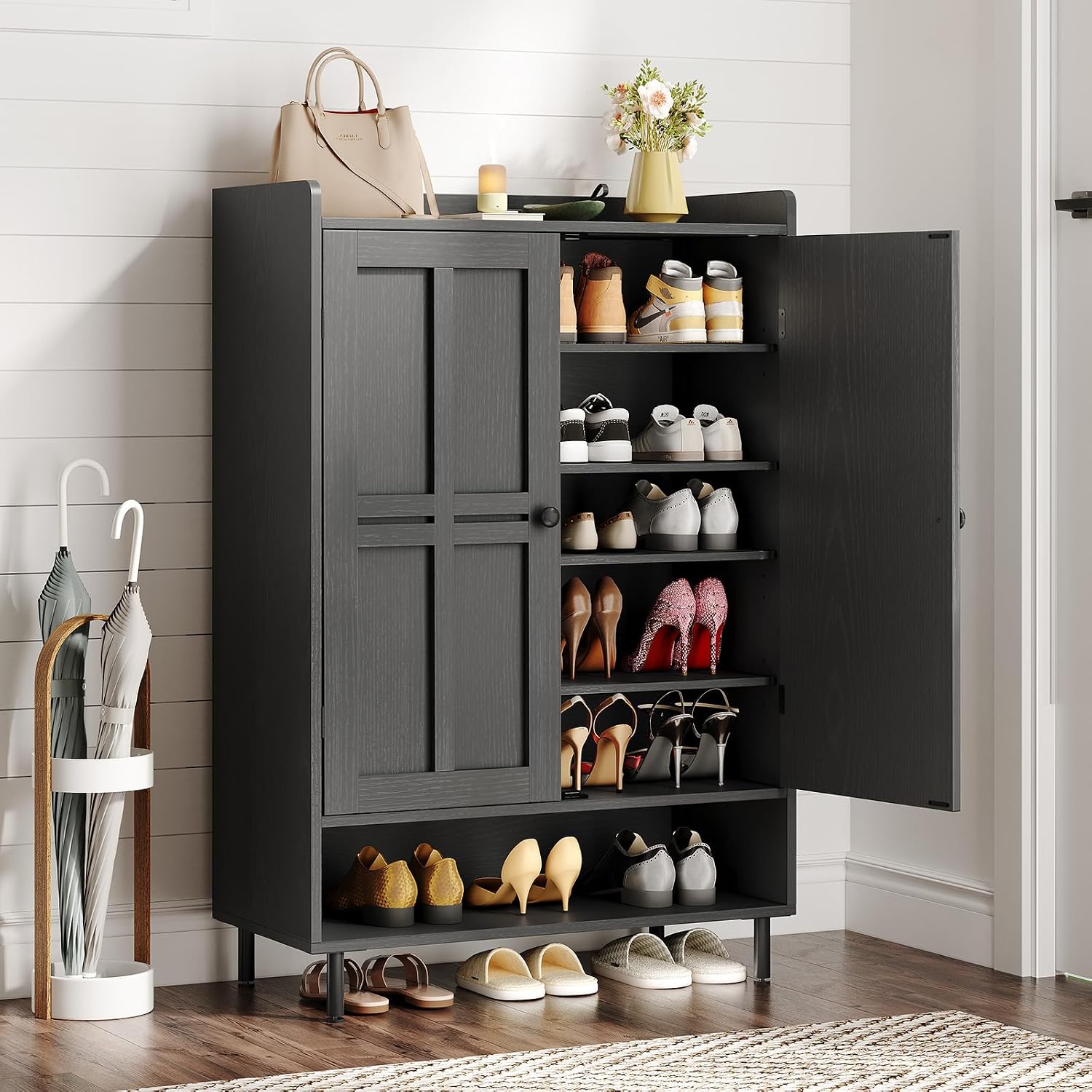 Shoe Cabinet with Cross Molding Doors, 6-Tier Shoe Storage Cabinet with 3 Adjustable Shelves and Metal Legs