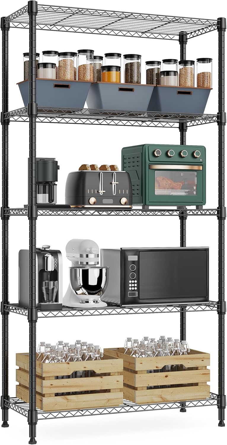 M MZG 1250 lbs 5 Tier Shelf Metal Storage Shelves Wire Rack Closet Organizers with Wheel for Garage Kitchen Bathroom Laundry Chrome 13.7" D x 23.6" W