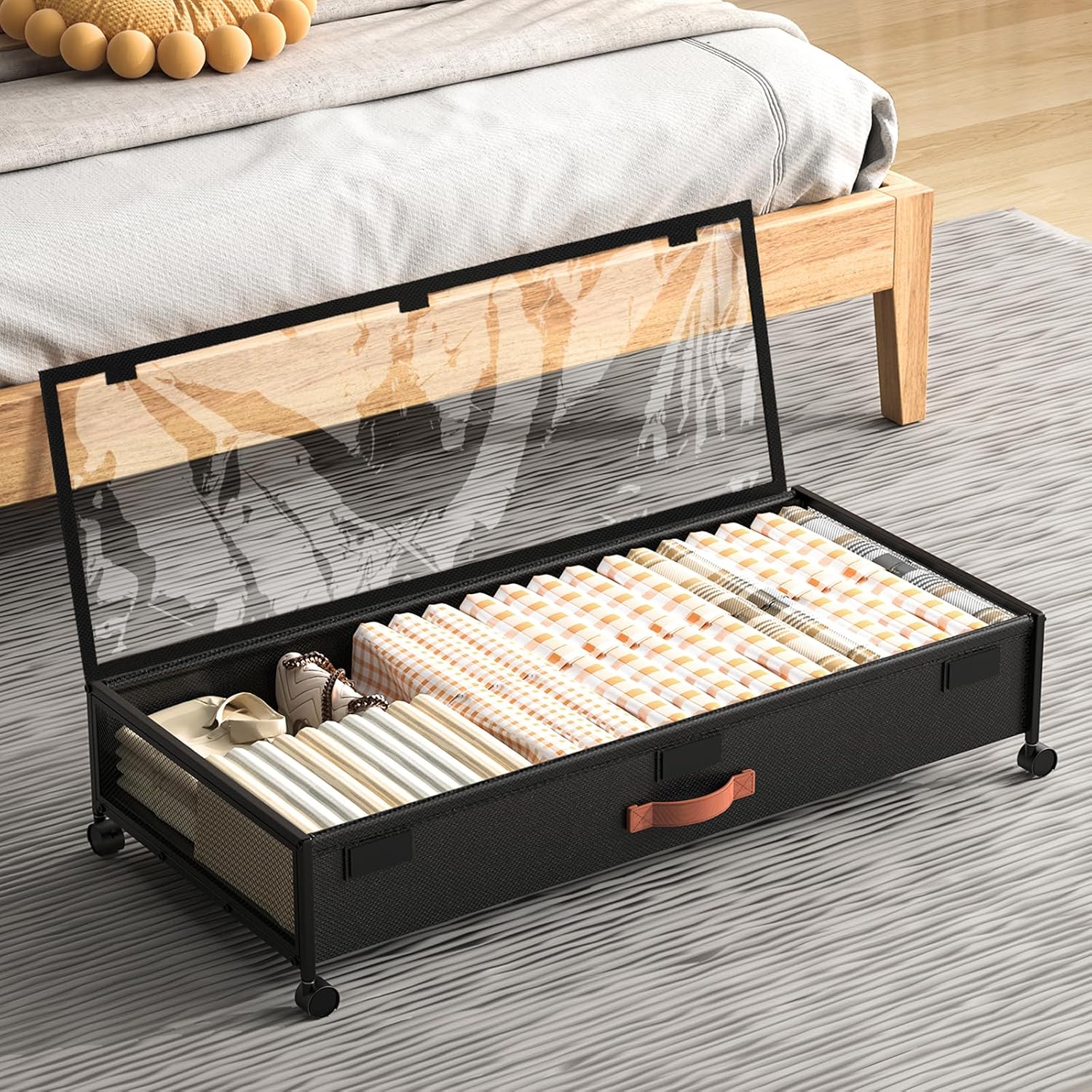 Eastherry Under Bed Storage Containers with Wheels Large Underbed Shoes Blankets Clothes Toy Storage Drawers for College Dorms Bedrooms Nursery, Black