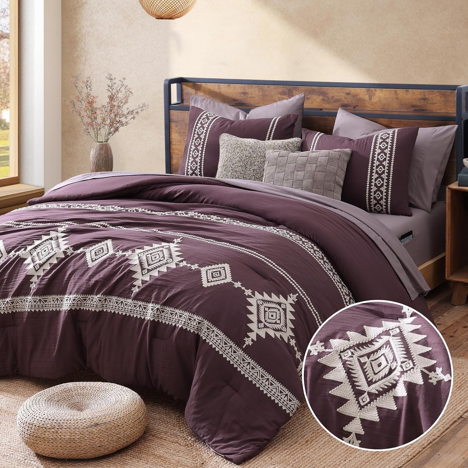 MaiRêve Embroidery Comforter Set Queen Size - 7 Piece, White Boho Western Bedding All Season Bed in A Bag, Farmhouse Queen Comforter Set with Sheets