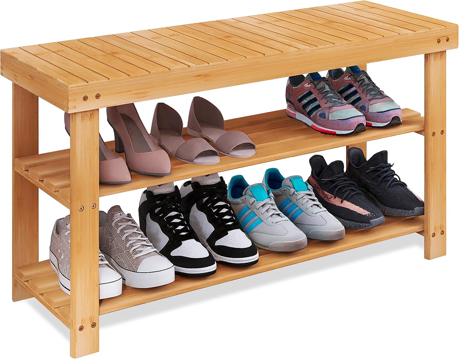 SMIBUY Bamboo Shoe Rack Bench, 3-Tier Shoe Organizer Storage Shelf for Entryway Hallway Bathroom Living Room (Grey)