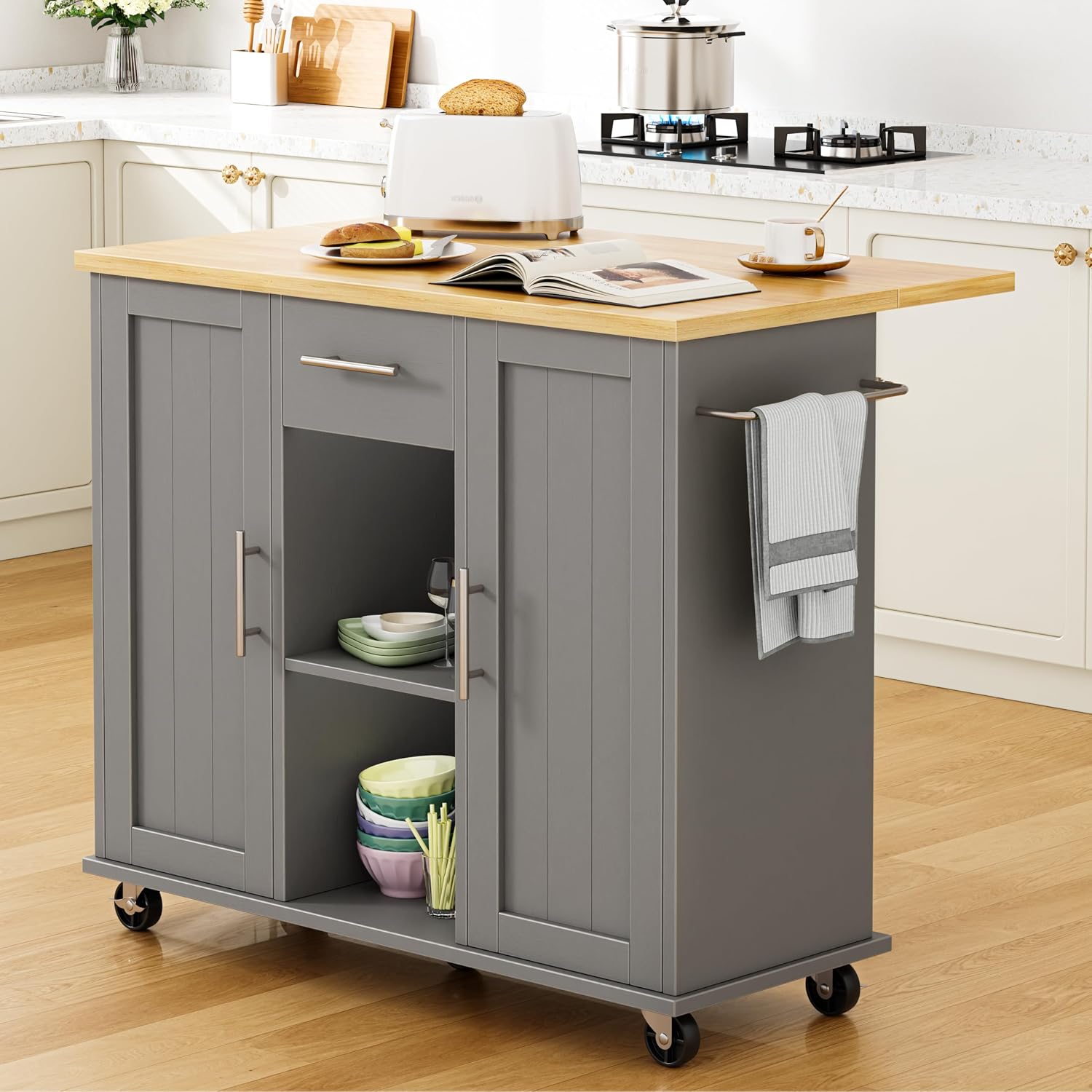 Shintenchi Kitchen Island cart with Storage, Portable Bar Cabinet on Wheels, Rolling Microwave Cart Side Table with Workstation for Kitchen, White