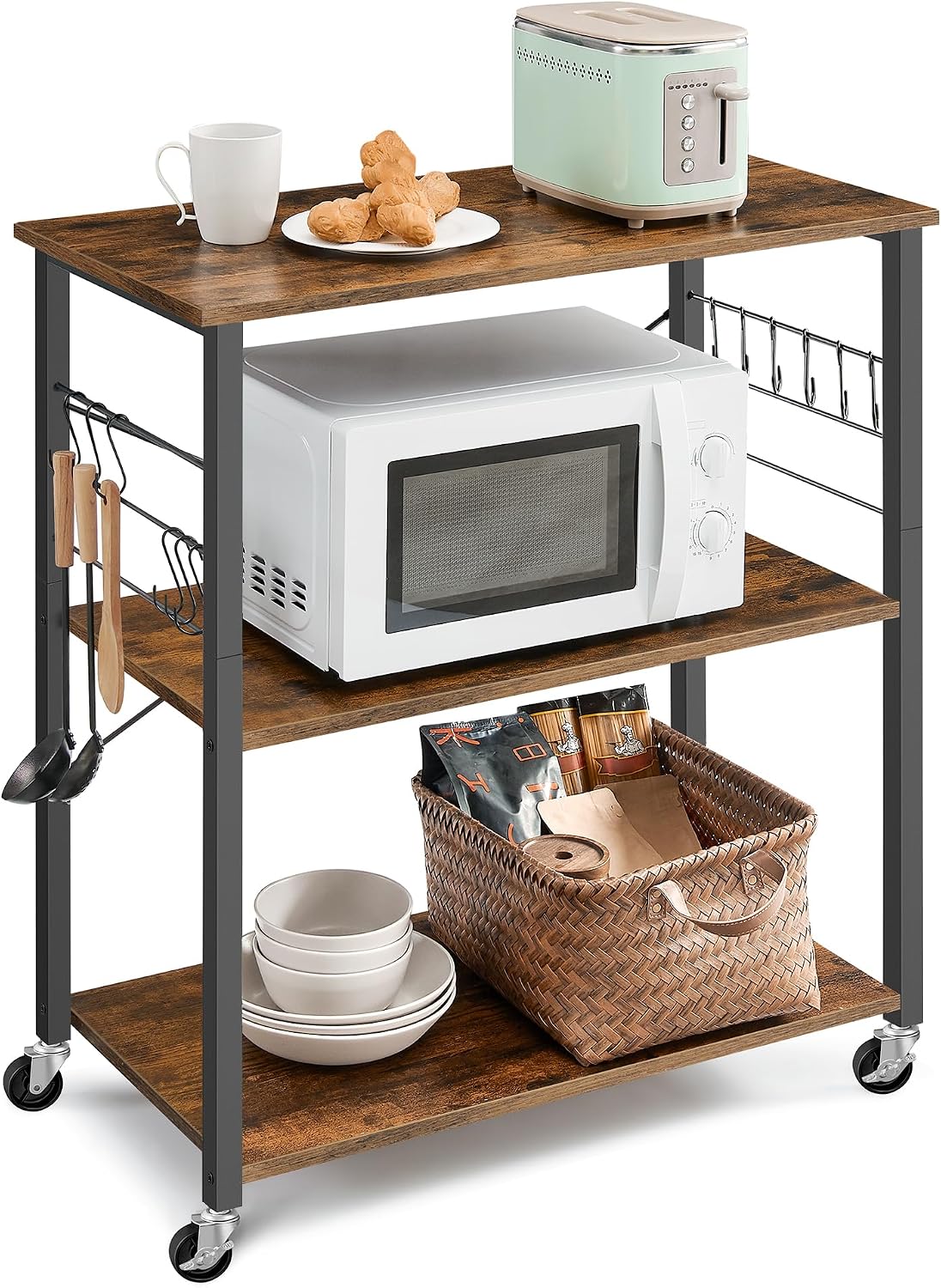 VASAGLE Kitchen Shelf on Wheels, 31.5 Inches Serving Cart with 3 Shelves, Kitchen Cart, Microwave Shelf, for Mini Oven, Toaster, with 6 Hooks