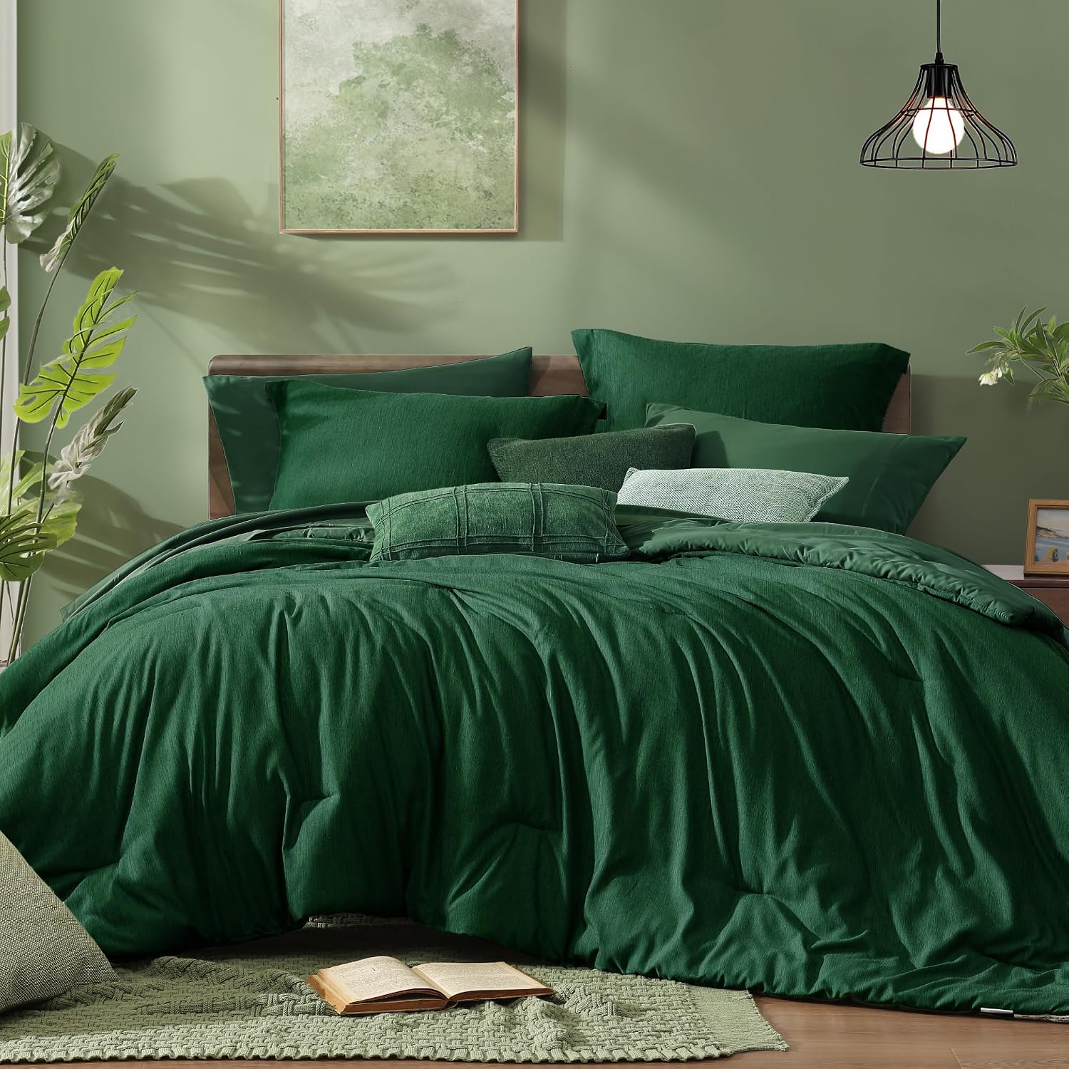 Monbix King Size Comforter Set, Olive Green King Bed Set Reversible, King Size Comforter Set 7 Pieces, Cationic Dyeing Bed in a Bag with Comforter
