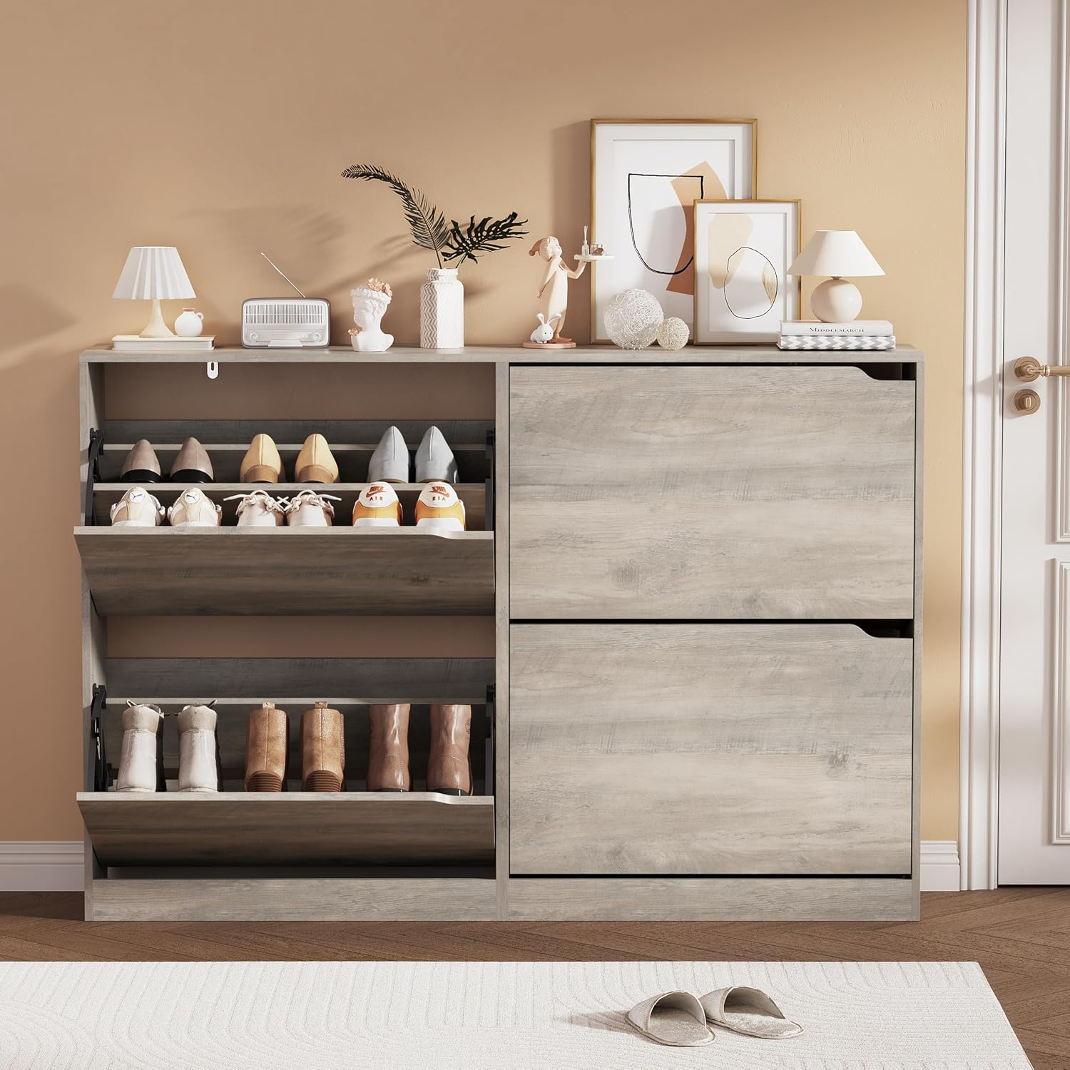 Shoe Storage Cabinet, Wood Shoe Organizer for Entryway with 3 Flip Drawers, Freestanding Shoe Rack with Adjustable Shelf