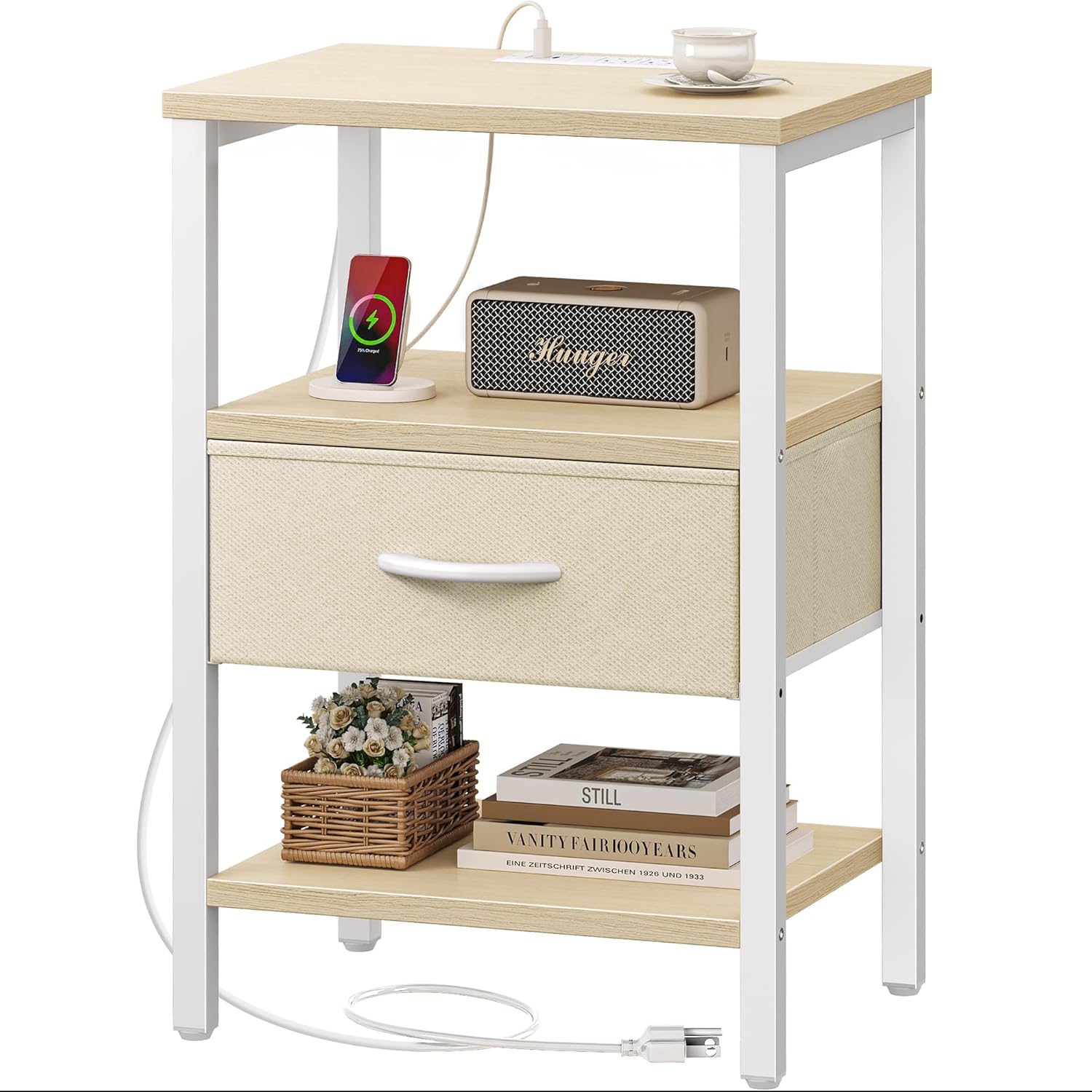 SUPERJARE Nightstand Set of 2, Bed Side Tables with Charging Station, Adjustable Fabric Drawer, Night Stand for Bedroom, 3-Tier Storage End Tables