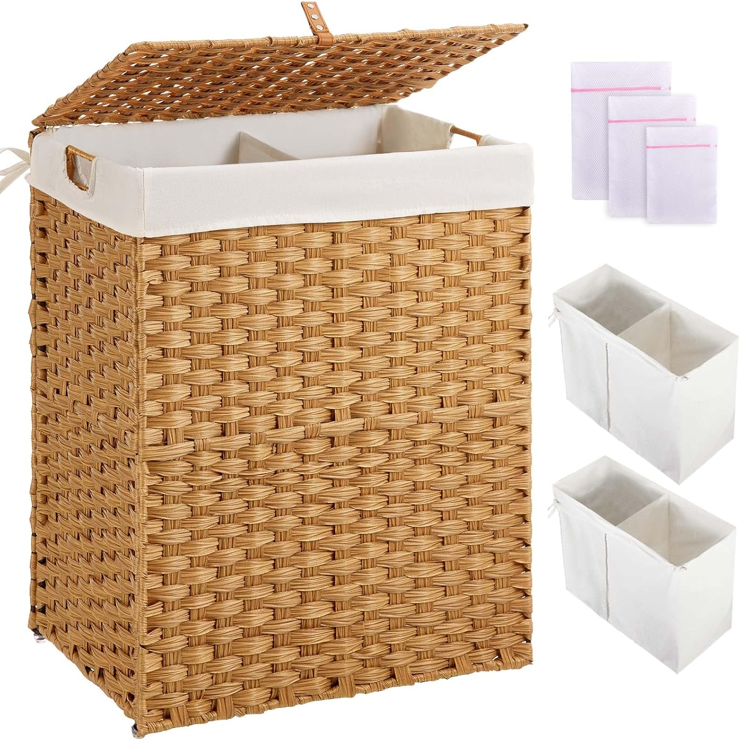 Greenstell Laundry Hamper with lid, No Install Needed, 110L Wicker Laundry Baskets Foldable 2 Removable Liner Bags