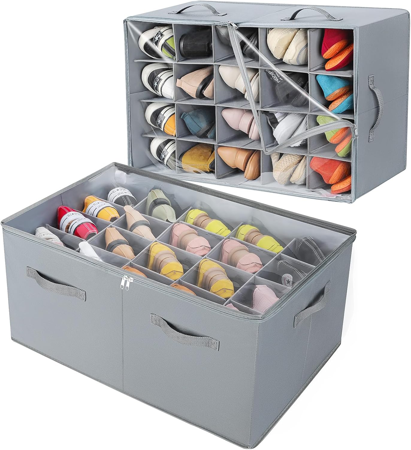 TOPIA HOME Shoe Organizer for Closet, Foldable Shoe Box with Adjustable Dividers and Clear Cover
