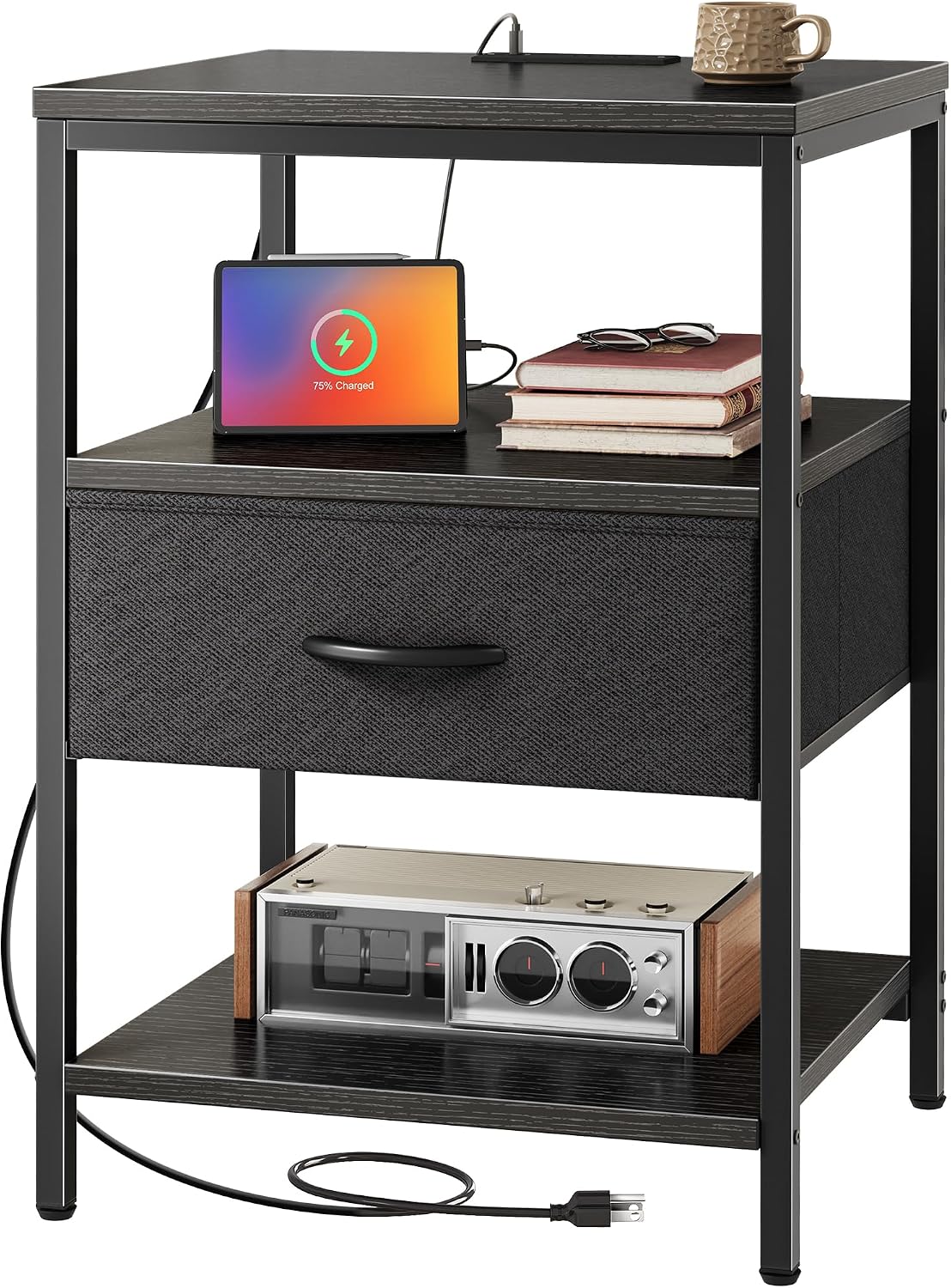 SUPERJARE Nightstand Set of 2, Bed Side Tables with Charging Station, Adjustable Fabric Drawer, Night Stand for Bedroom, 3-Tier Storage End Tables