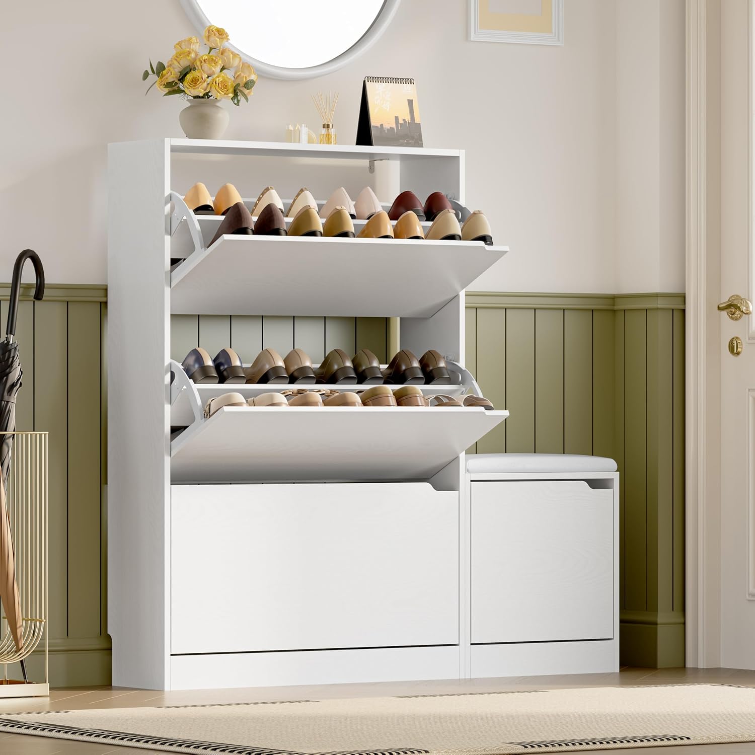 BORNOON Shoe Cabinet with 3 Flip Drawers, Hidden Wood Shoe Cabinet, Freestanding Shoe Storage Cabinet for Entryway Hallway.White. 47.2" H*31.5" W*9