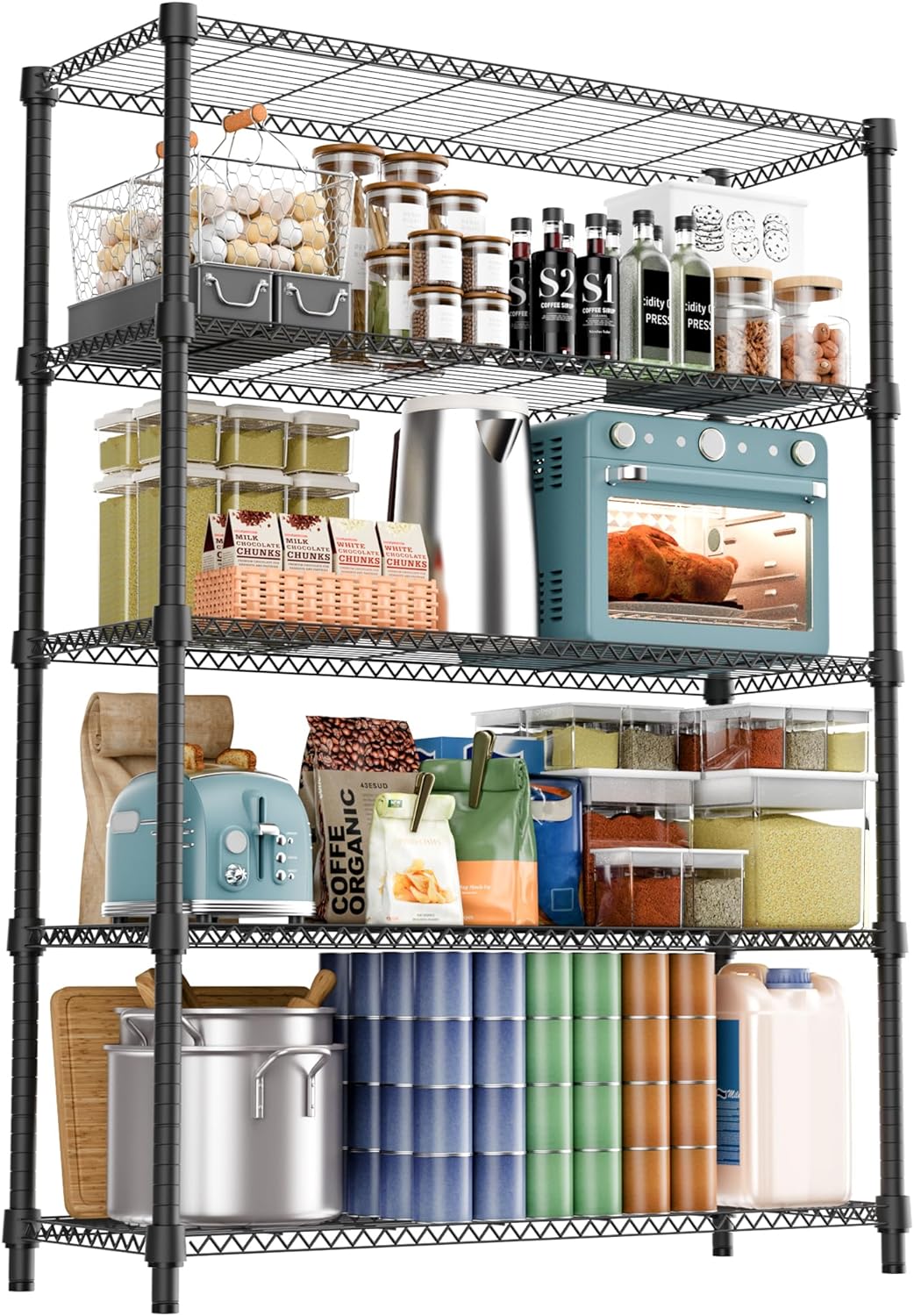 M MZG 5-Shelf Storage Shelves, Wire Shelving Heavy Duty Metal Storage Shelving Unit Adjustable Garage Shelving Rack Pantry Kitchen (Chrome, 4 Tier
