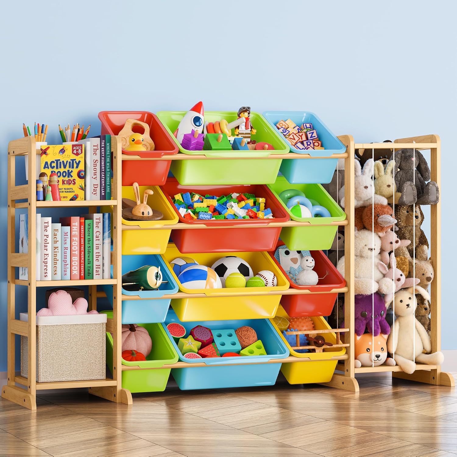 Toy Storage Organizer with Bookshelf and Stuffed Animal Storage - Playroom Organization with Shelves and 16 Bins - Living Room Box for Lego - Nursery