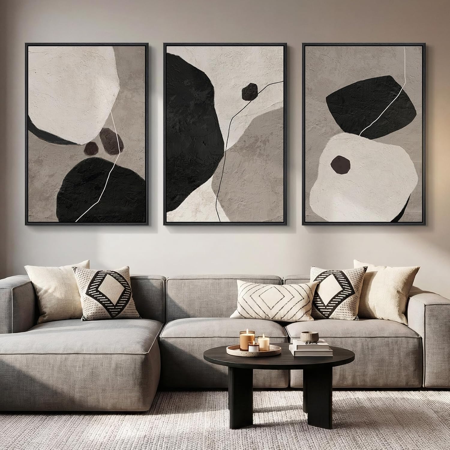 Large Framed Neutral Abstract Wall Art for Living Room, 3 Piece Modern Canvas Prints Paintings Artwork for Walls