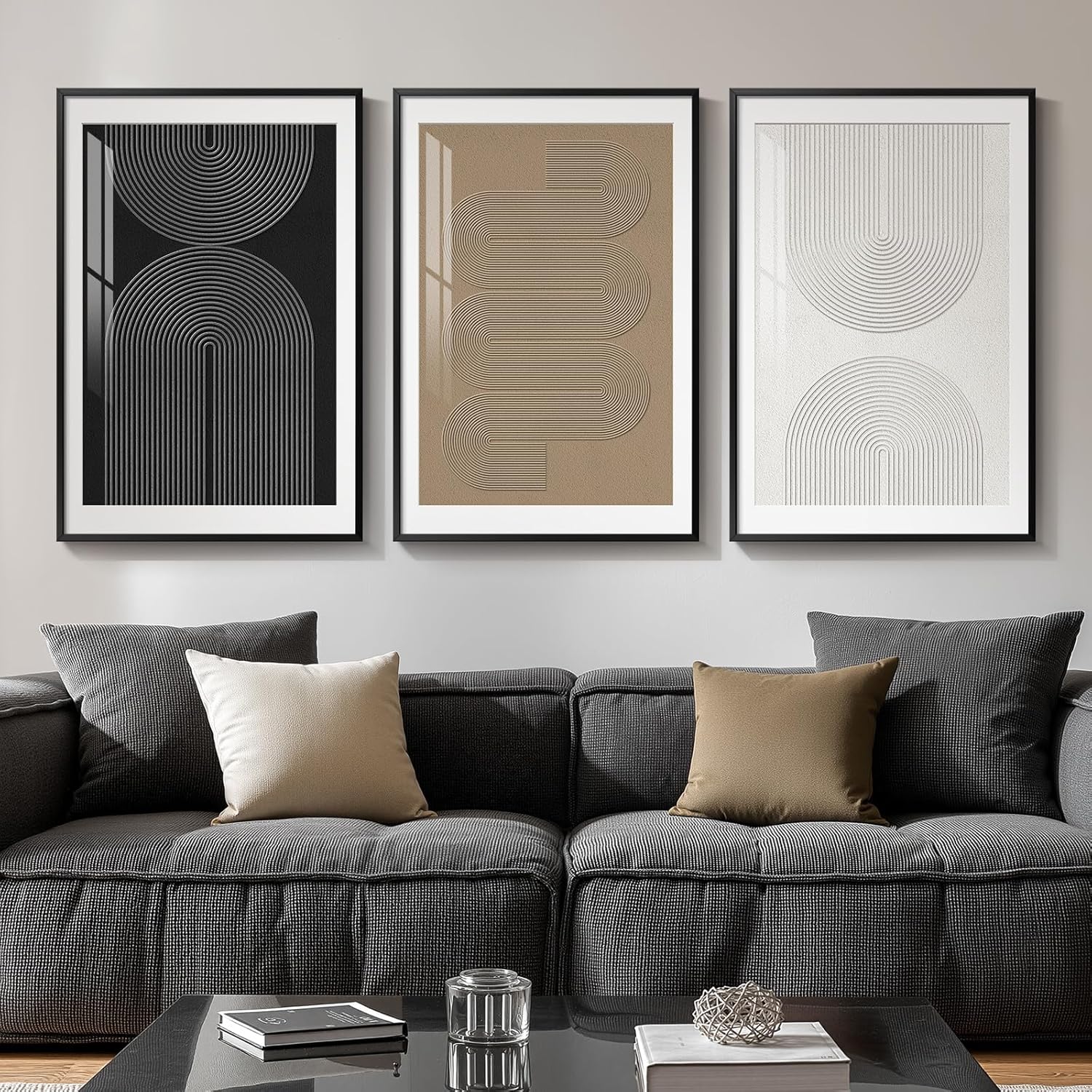 Large Framed Boho Modern Neutral Abstract Wall Art for Living Room, 3 Piece Black and White Canvas Prints Paintings Artwork for Walls
