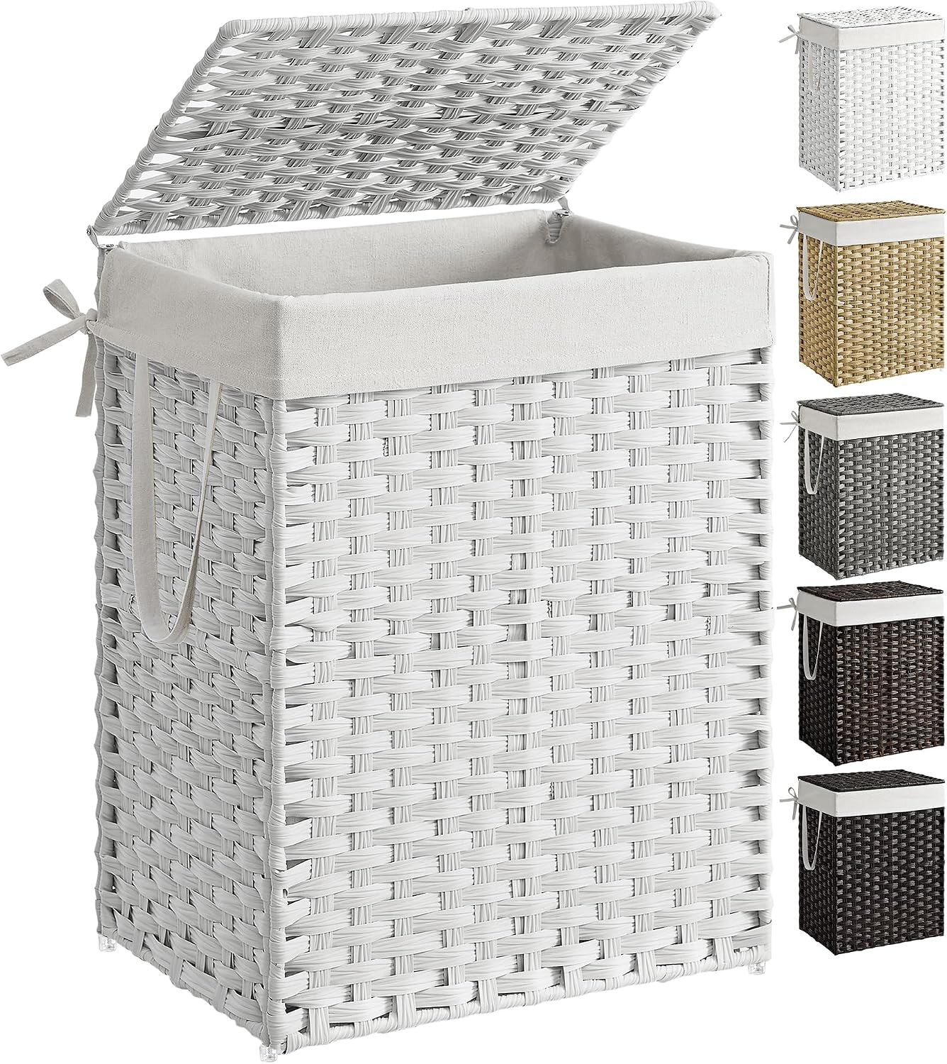 SONGMICS Laundry Hamper with Lid, 23.8 Gallon (90 L) Synthetic Rattan Clothes Laundry Basket with Lid and Handles, Foldable, Removable Liner