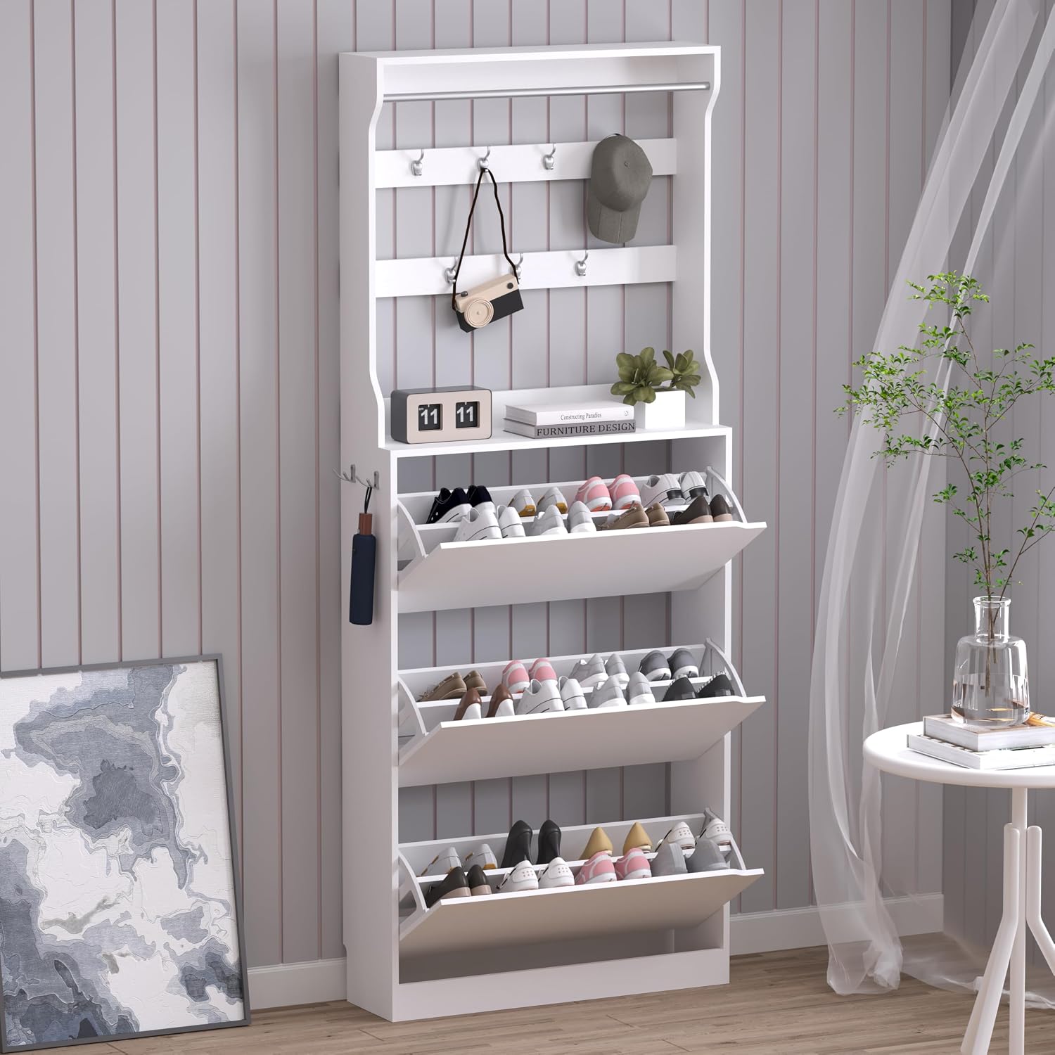 BORNOON Shoe Cabinet with Odor Control and Back Panels, Deodorizing Slim 3-Flip Shoe Storage Cabinet for Entryway