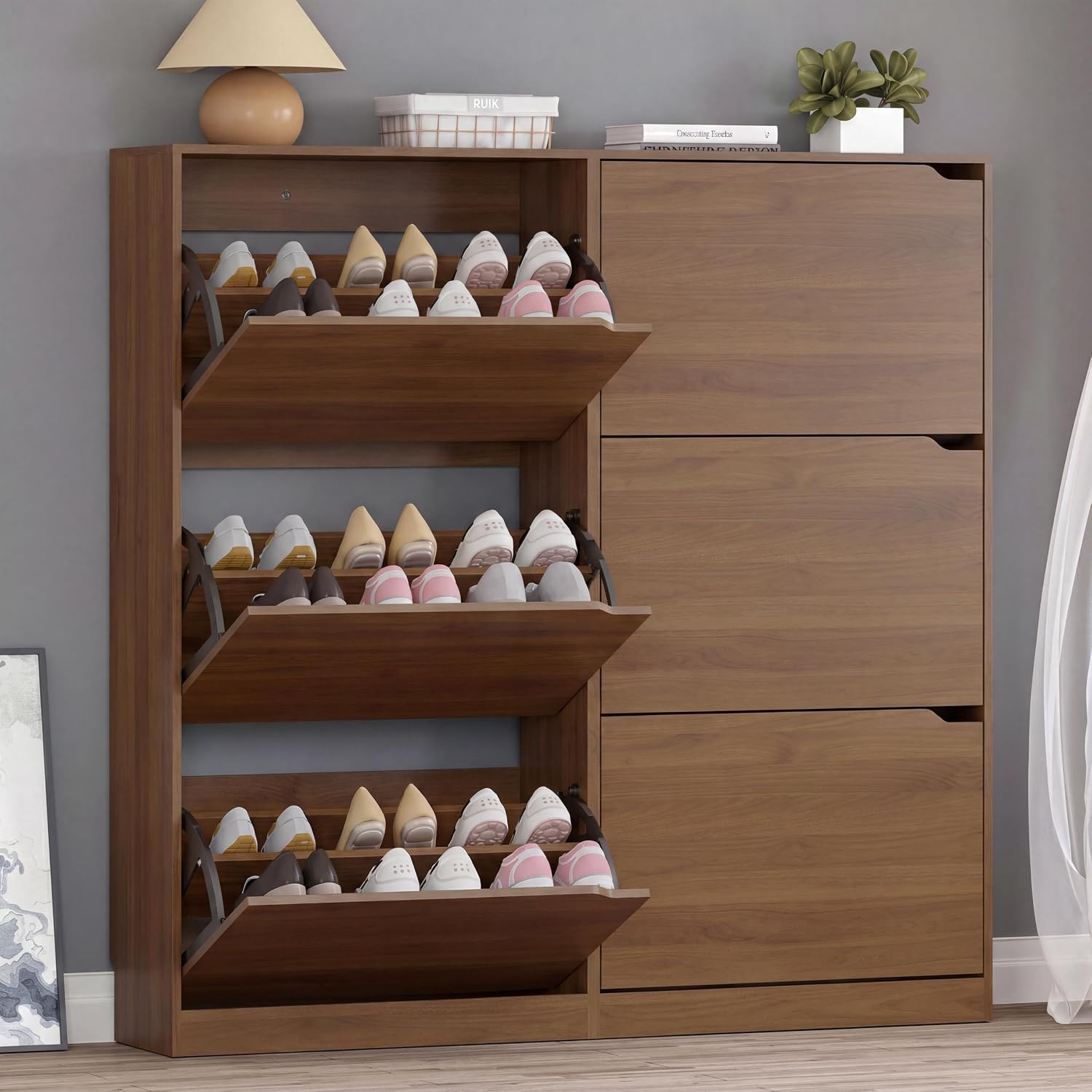 BORNOON Shoe Cabinet with Odor Control and Back Panels, Deodorizing Slim 3-Flip Shoe Storage Cabinet for Entryway