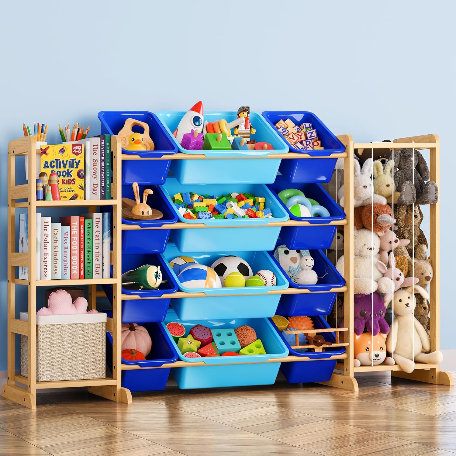 Toy Storage Organizer with Bookshelf and Stuffed Animal Storage - Playroom Organization with Shelves and 16 Bins - Living Room Box for Lego - Nursery