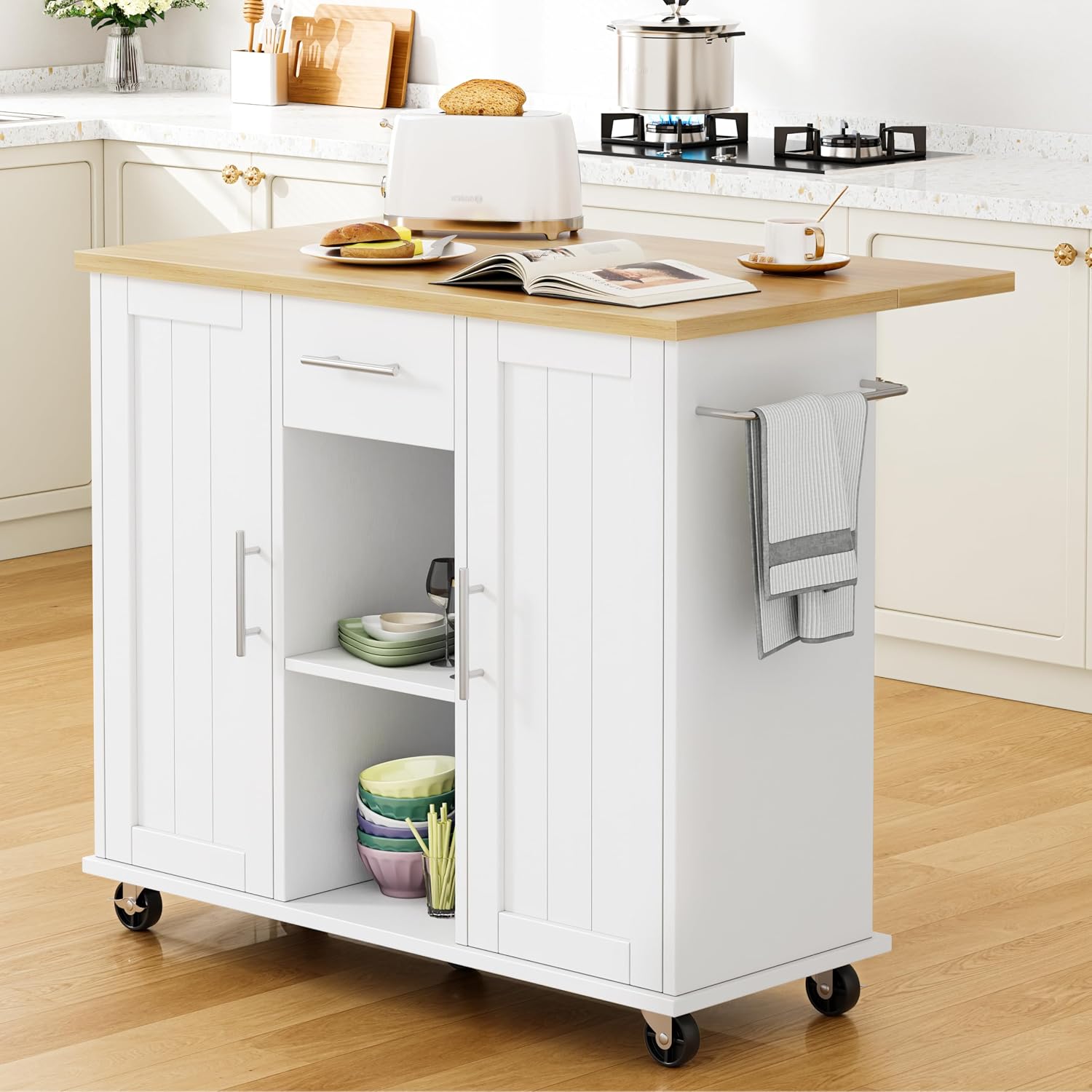 Shintenchi Kitchen Island Cart with Storage, Rolling Side Table on Wheels with Worktop, Single Door Cabinet and Drawer for Dining Room, White