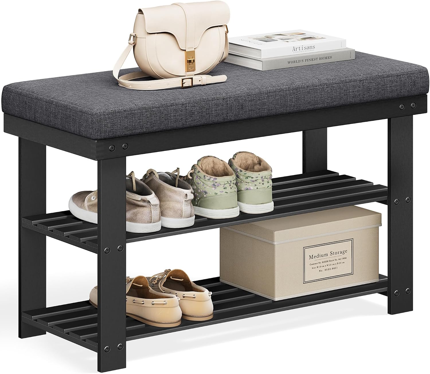 SONGMICS Bamboo Shoe Bench, 3-Tier Shoe Rack Organizer for Entryway, Living Room, Bench Seat Holds Up to 300 lb, 11.9 x 28.3 x 19.2 Inches