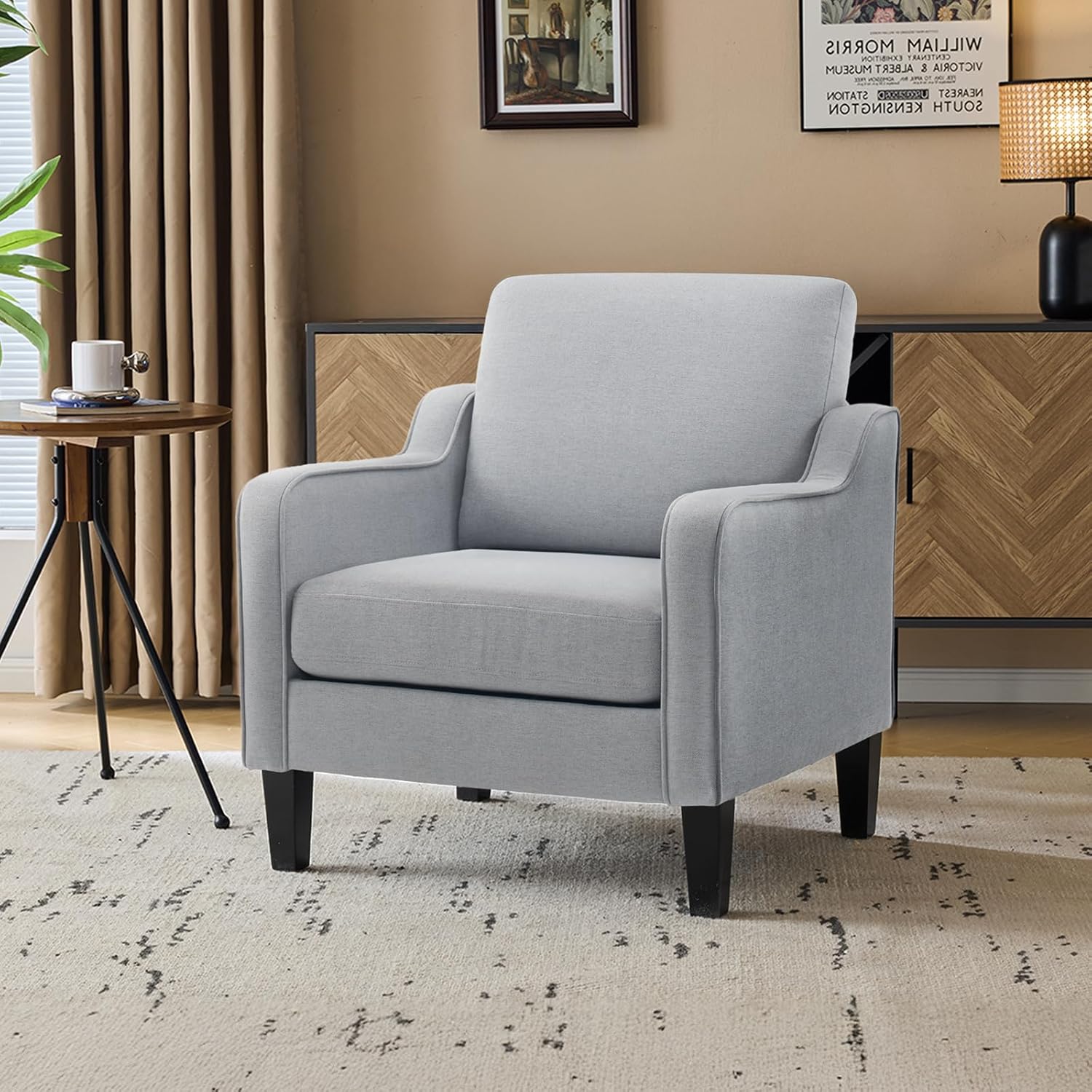 VINGLI Mid Century Modern Accent Chair, Light Grey Fabric Accent Chairs for Living Room Upholstered Armchair with Scooped Arms for Bedroom, Apartment