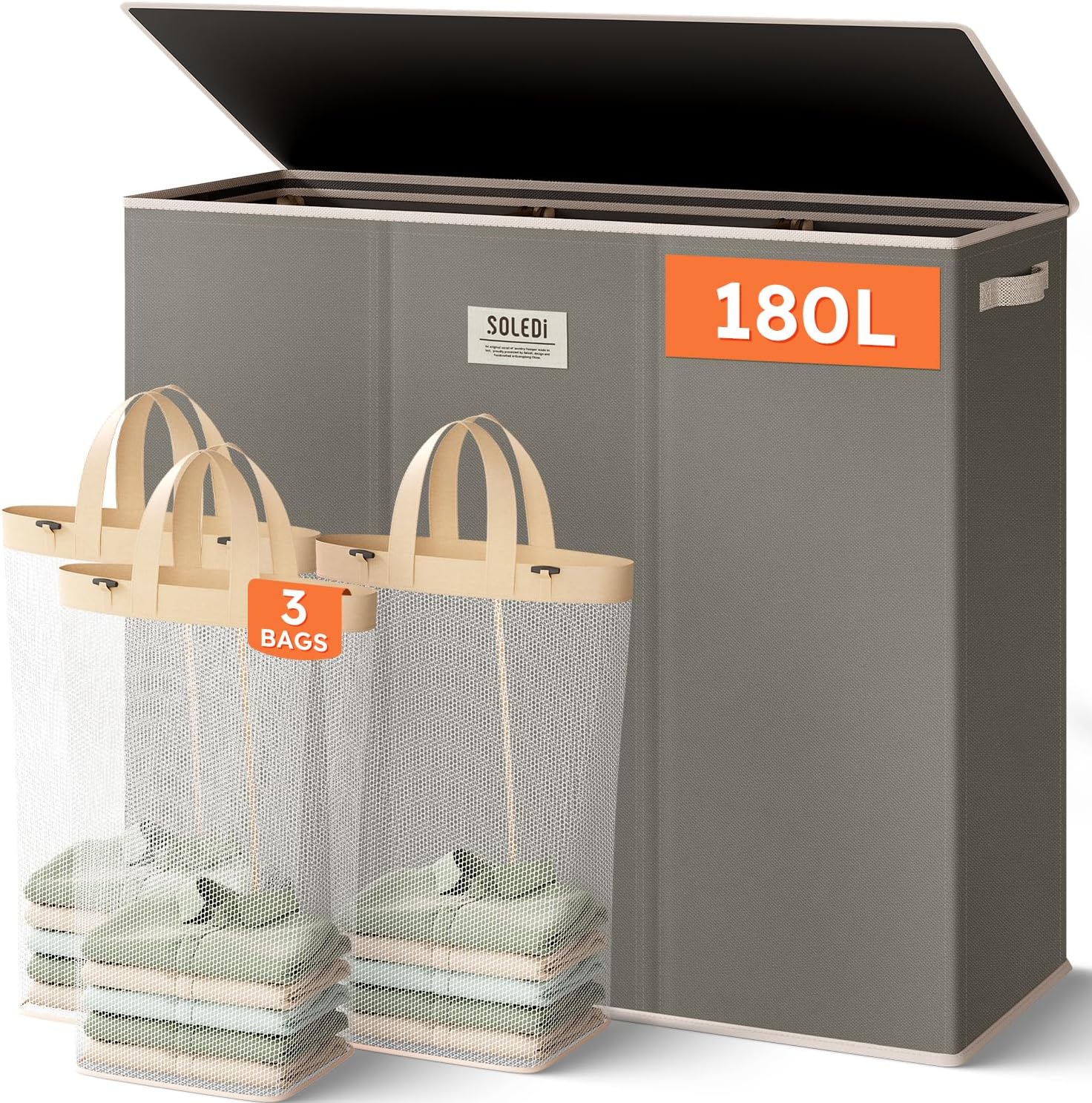 SOLEDI 180L Laundry Hamper 3 Section, Extra Large Laundry Hamper with Lid, Dirty Clothes Hamper with Sturdy Handle