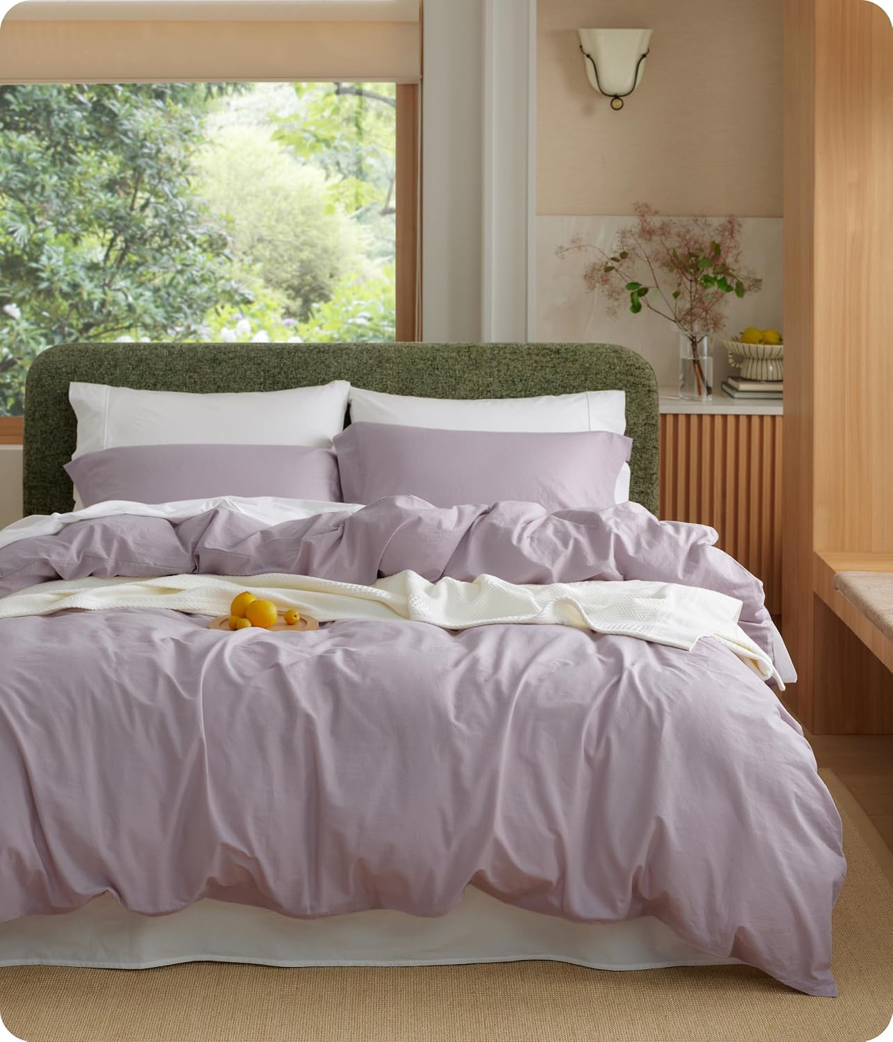 Bedsure 100% Washed Cotton Duvet Cover King Size - Sage Green Minimalist Bedding Set Linen Like - PureWoven Plain Simple and Soft Comforter Cover for