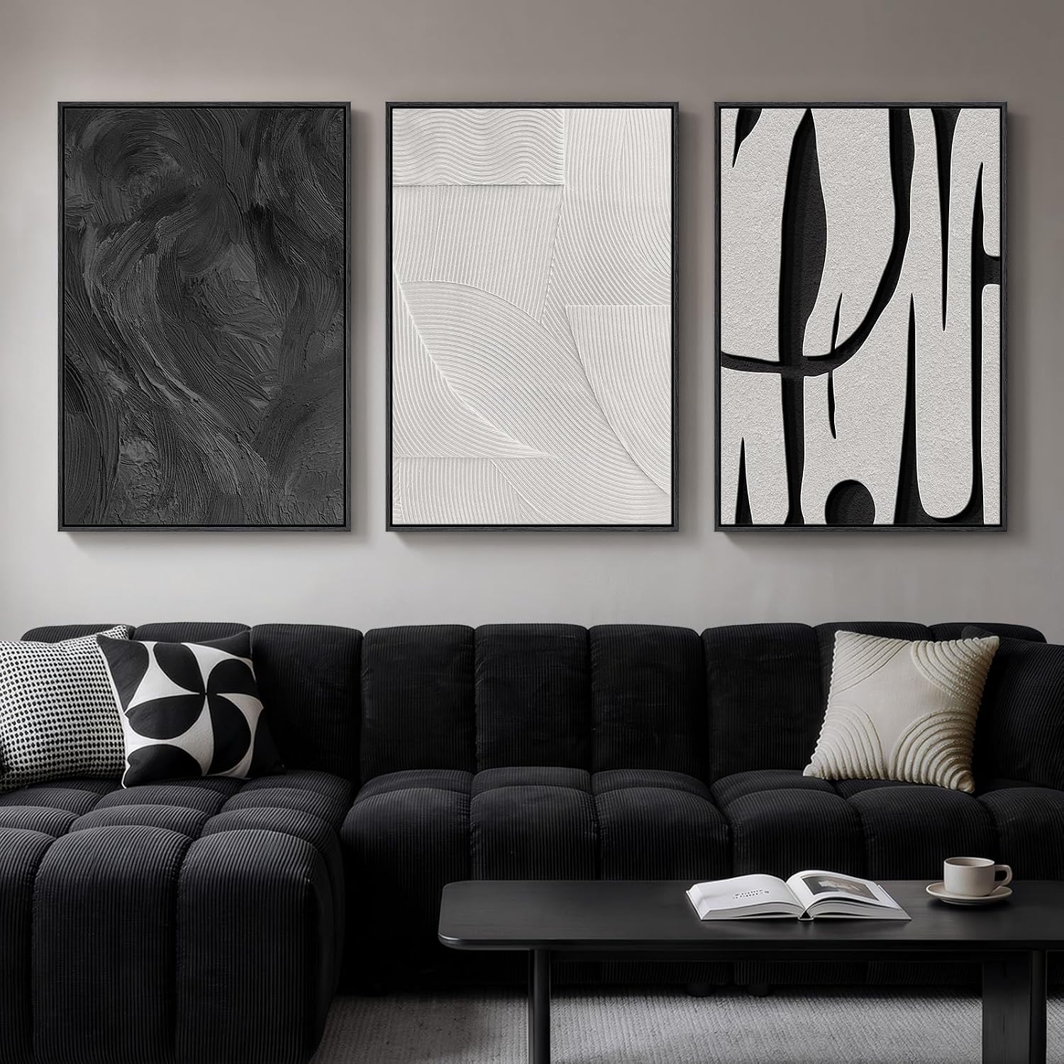 Large Framed Boho Modern Neutral Abstract Wall Art for Living Room, 3 Piece Black and White Canvas Prints Paintings Artwork for Walls