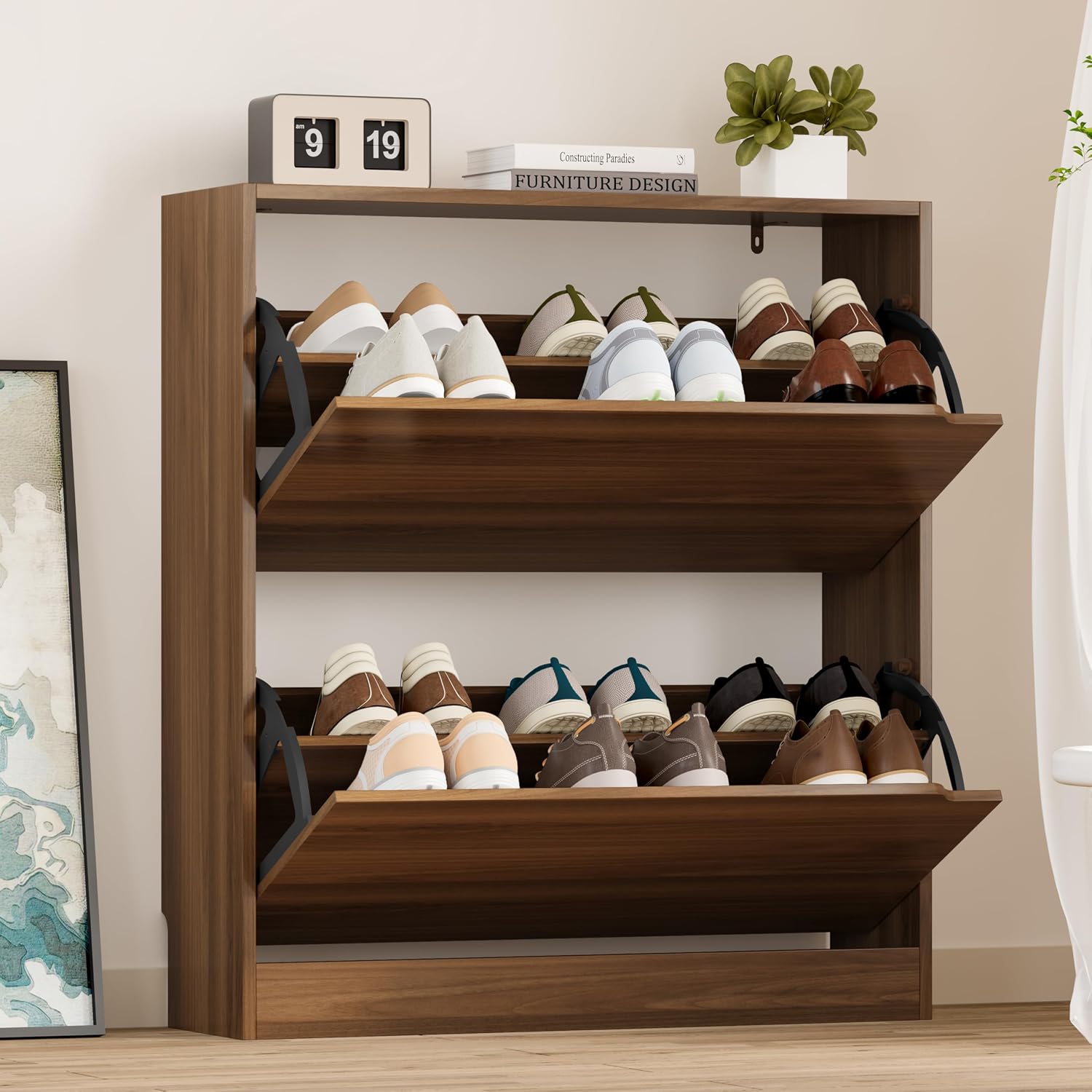 BORNOON Shoe Storage Cabinet with 3 Flip Drawers, Narrow Shoe Rack Cabinet, Freestanding Organizer Storage for Entryway, Hallway, Black