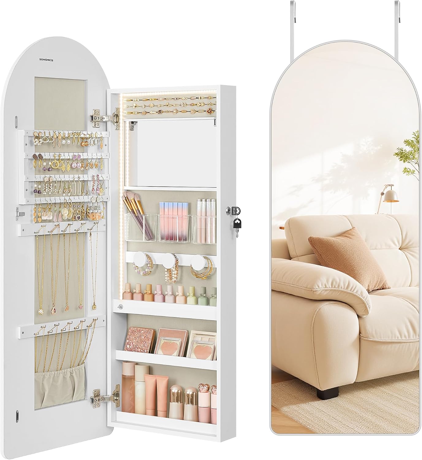 SONGMICS Wide Jewelry Organizer, LED Jewelry Cabinet Wall/Door Mounted, Arched Mirror with Storage, Lockable, Rounded Corner, Interior Mirror