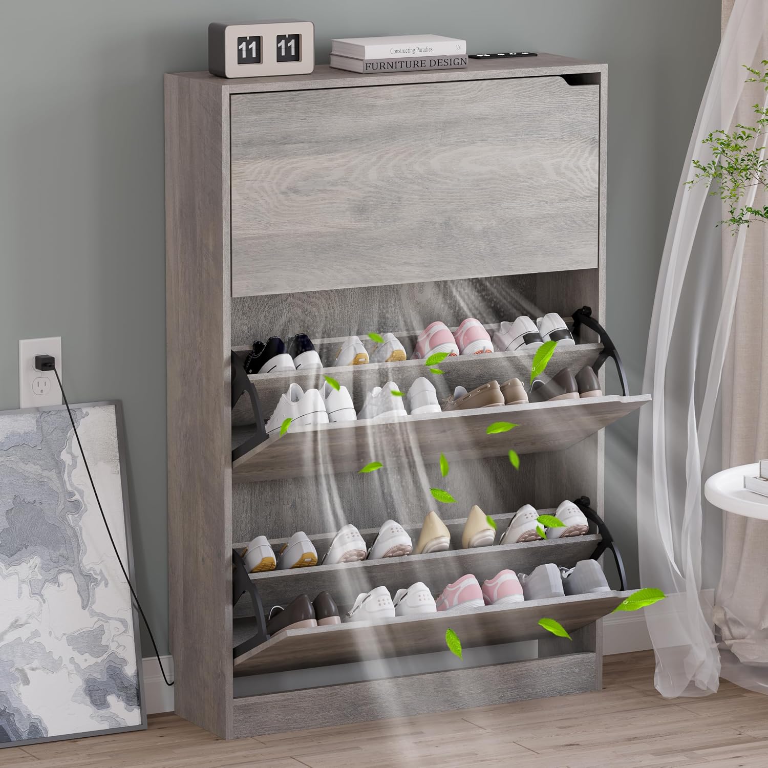 BORNOON Shoe Cabinet with Odor Control and Back Panels, Deodorizing Slim 3-Flip Shoe Storage Cabinet for Entryway