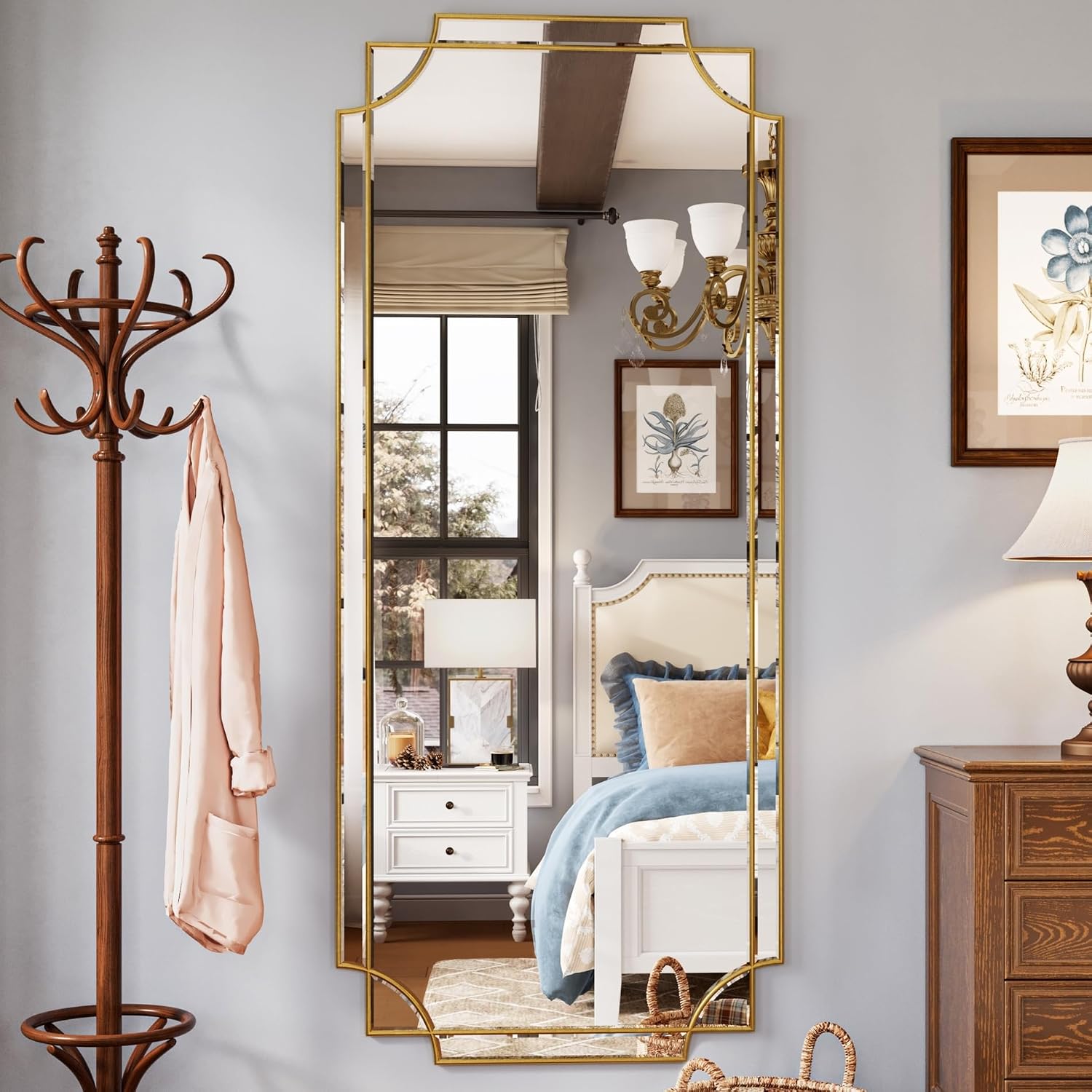 Kelly Miller 24"x48" Gold Foil Scalloped Edge Decorative Vanity Wall Mirror, Hand-Applied Gold Foil Finish. HD Mirror With French Cleat. Elegant