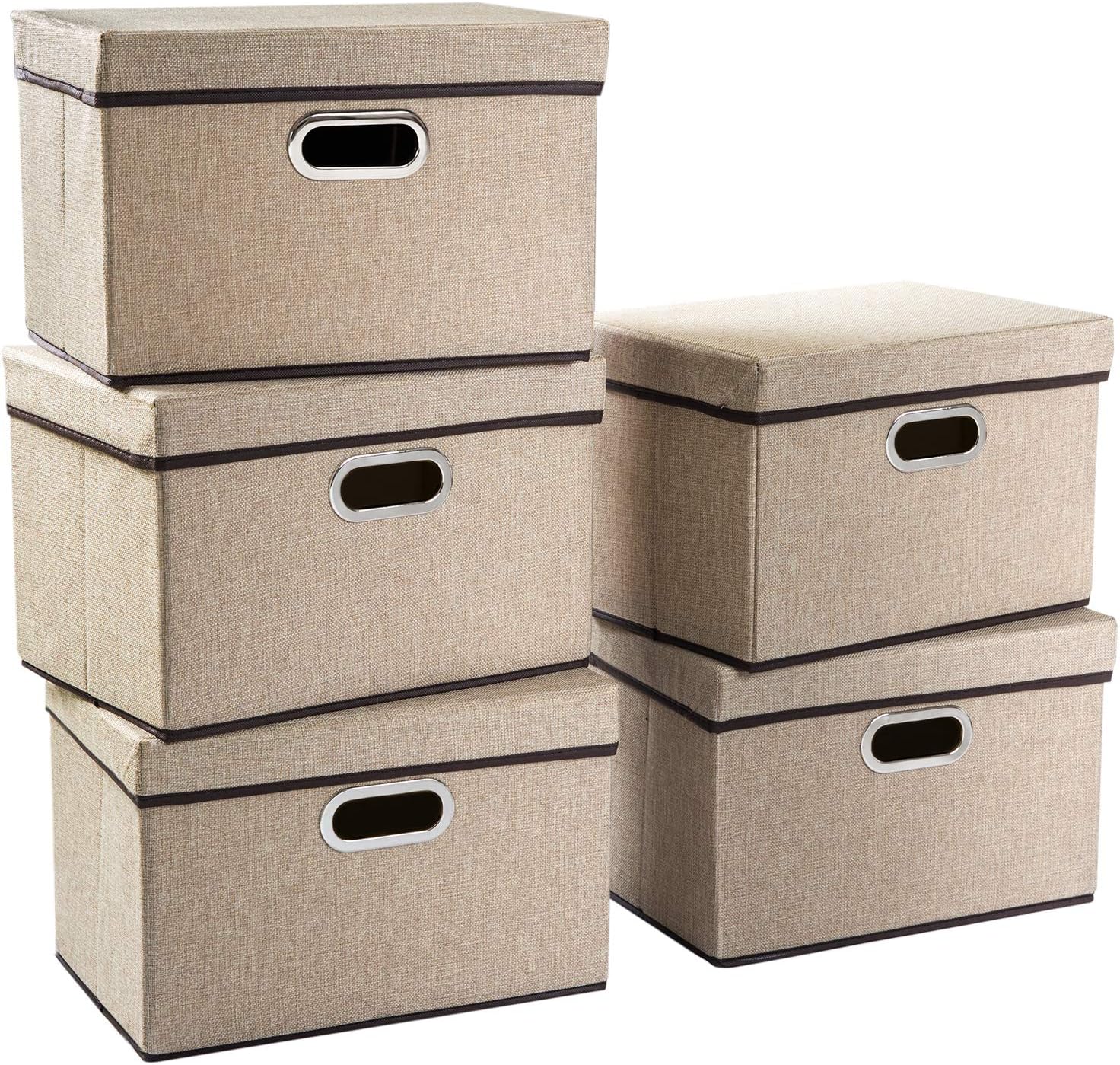 PRANDOM Large Collapsible Storage Bins with Lids 3-Pack Linen/Cotton Blend Foldable Storage Boxes Organizer Containers Baskets Cube with Cover for
