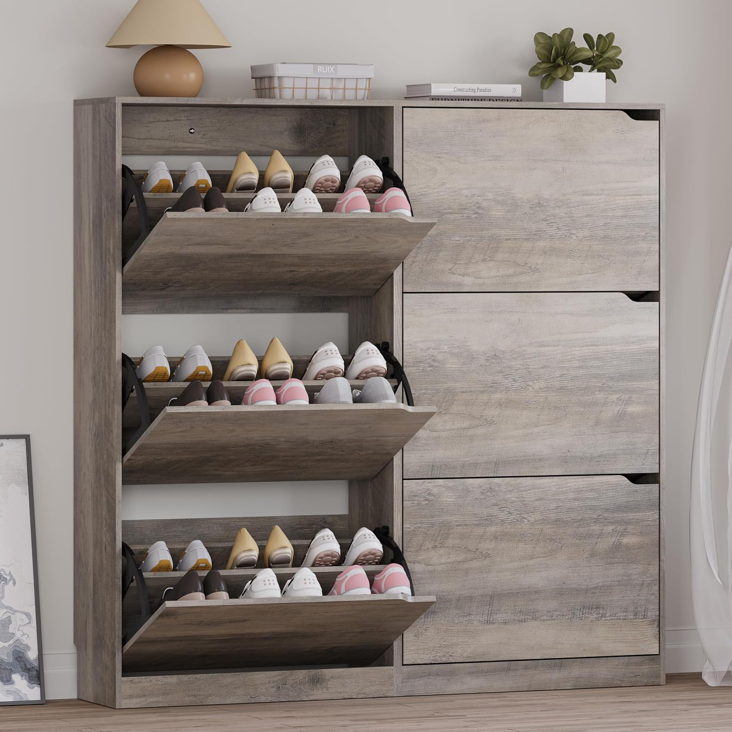 BORNOON Shoe Cabinet with Odor Control and Back Panels, Deodorizing Slim 3-Flip Shoe Storage Cabinet for Entryway