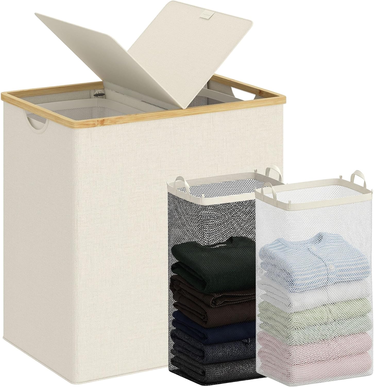 efluky Laundry Hamper with Lid, Double Laundry Basket with 2 Removable Bags, 2 Section Laundry Bin with Bamboo Handles for Bathroom